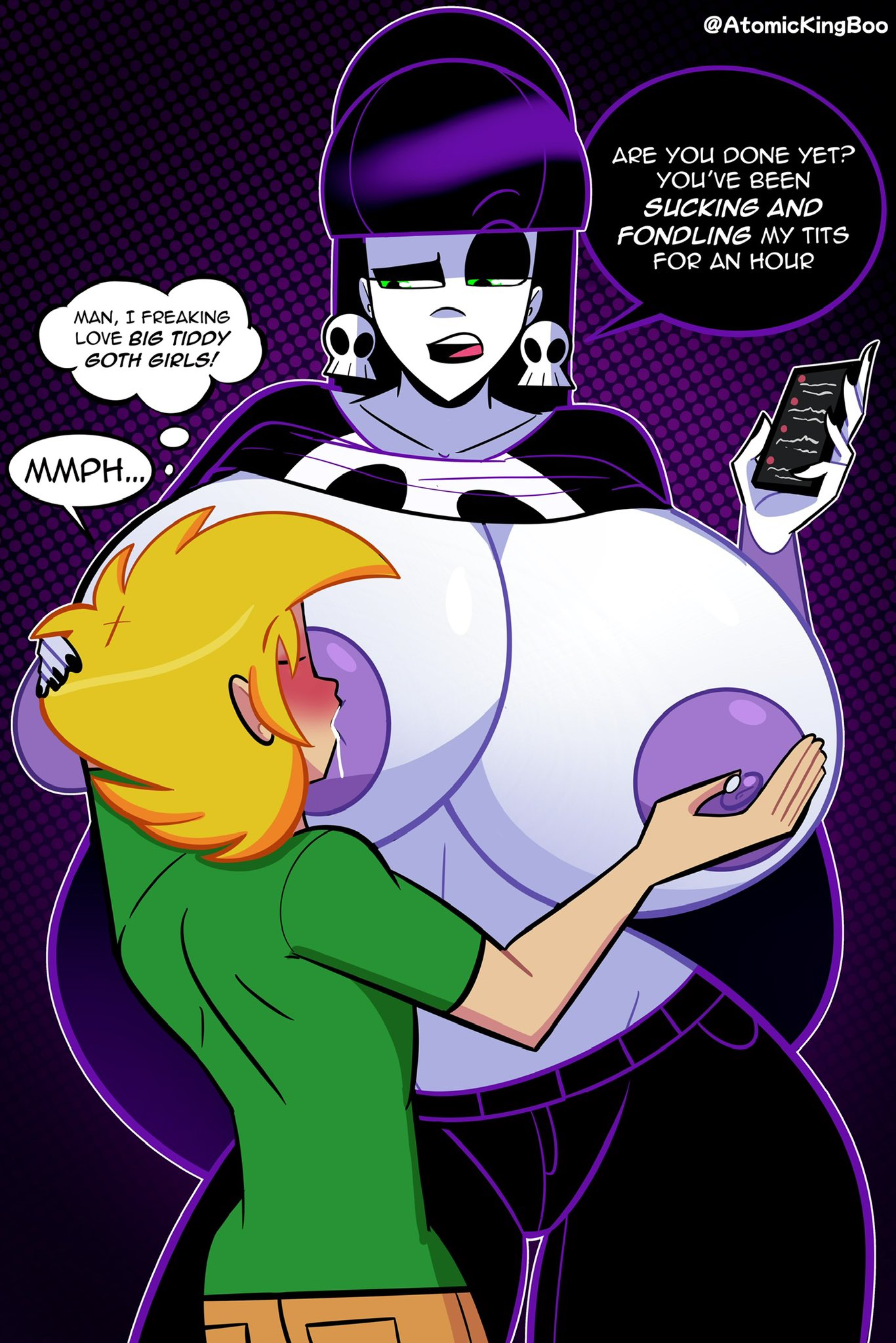 1boy, 1girls, 2025, artist name, atomickingboo, big breasts, bigger female, black eyeshadow, black hair, black pants, black shirt, black-haired female, blonde, blonde hair, blonde male, blonde-haired male, blush, blushing, blushing male, breast fondling, breast milk, breast sucking, breastfeeding, breasts, breasts bigger than head, brown pants, cargo pants, clothed, clothed female, clothed male, clothes, clothes lift, clothing, clothing lift, commission, dialogue, duo, duo focus, earrings, english, english dialogue, english text, eyebrows, eyeshadow, female, fondling, fondling breast, goth, goth girl, gothic, green eyes, green shirt, green-eyed female, hand on breast, hand on head, height difference, huge areolae, huge breasts, lactation, large boobs, large breasts, larger female, light skin, light-skinned female, light-skinned male, lindel dollice quilten, male, no bra, oc, original, original character, pale skin, pale-skinned female, phone, raised eyebrow, reupload, shirt lift, shirt up, shorter male, size difference, skull earrings, smaller male, solo female, speech bubble, straight, tagme, text, text bubble, the besties (atomickingboo), thought bubble, twitter link