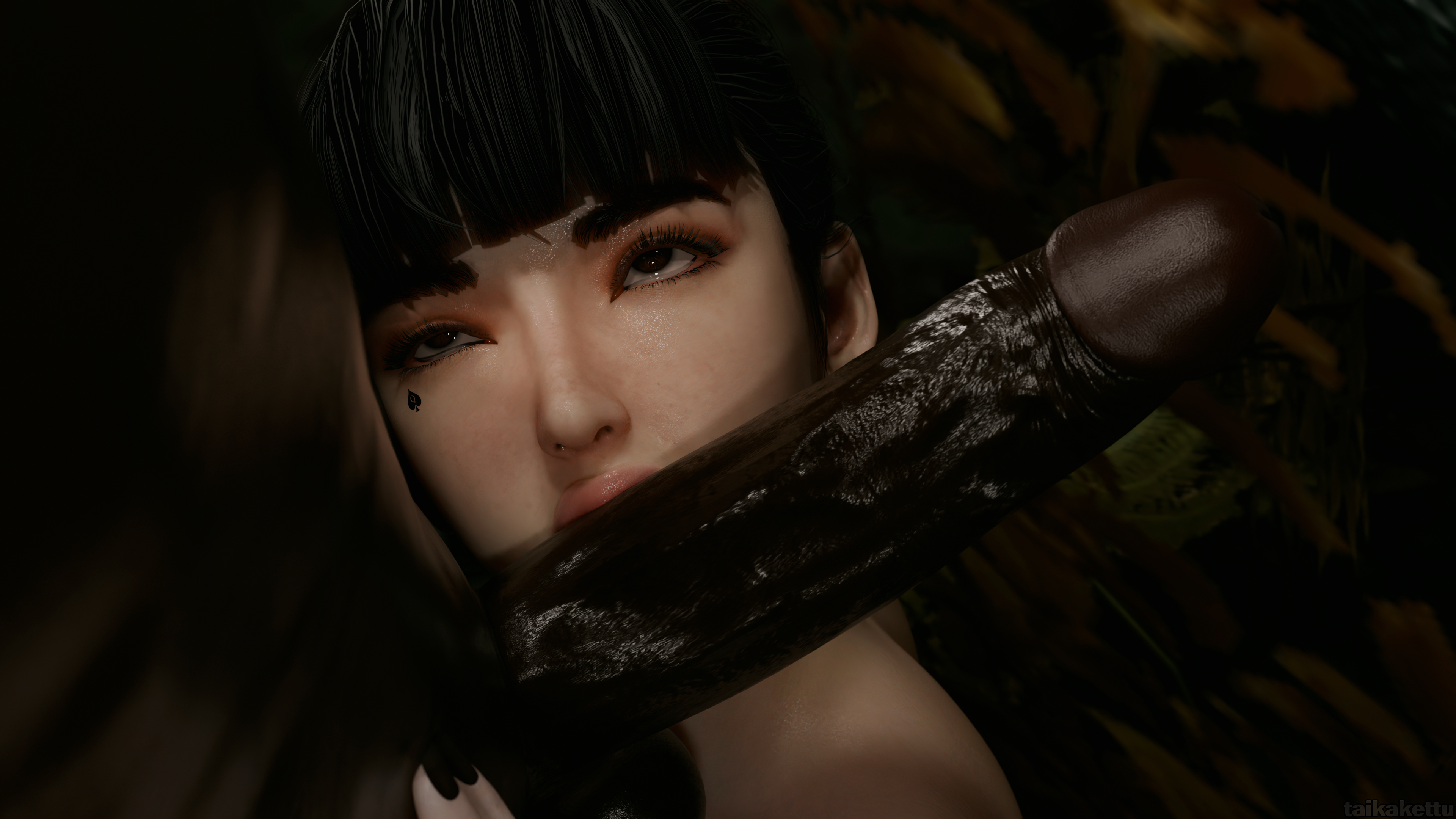 1boy, 1boy1girl, 1girls, 3d, asian, asian female, balls, ballsack, big penis, black hair, blowjob, brown eyes, bush, dark skin, dark-skinned male, eve (stellar blade), female, forest, forest sex, interracial, large penis, light skin, light-skinned female, lips, lips on penis, looking at another, male, nail polish, on knees, oral, oral sex, outdoor sex, outdoors, penis, plump lips, qos, qos tattoo, queen of spades, stellar blade, taikakettu, tattoo, twitter link, unseen male face, veiny penis