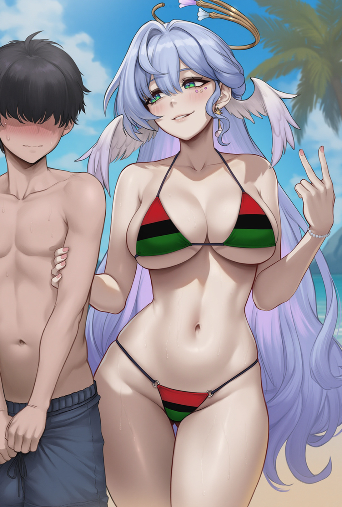 1boy, 1girls, 2025, ai generated, beach, belly button, big breasts, bikini, bikini bottom, bikini top, breasts, collarbone, female, flarekiss, green eyes, highres, honkai (series), honkai: star rail, hoyoverse, light body, long hair, male, pan-african flag, pan-african flag bikini, robin (honkai: star rail), smaller male, smile, smiley face, smiling, sweat