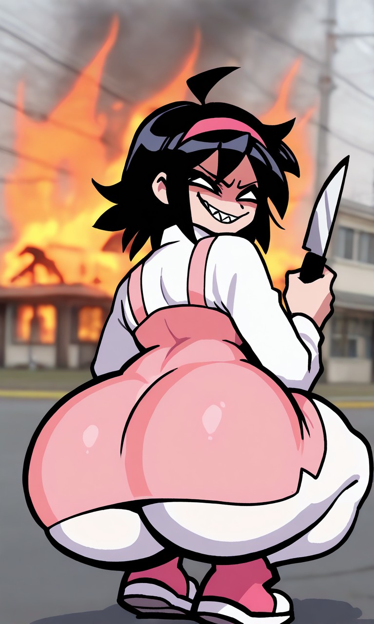 ai generated, asian female, ass, ass focus, big ass, black hair, burning building, burning house, clothed, converse shoes, curvy, evil grin, female, friday night funkin, holding knife, knife, looking at viewer, looking over shoulder, meme reference, nene (newgrounds), no pupils, pico's school, pink hairband, pink overalls, pink shoes, pixai, realistic background, sharp teeth, shoulder length hair, solo, squatting, white eyes, white leggings, white pantyhose, white shirt