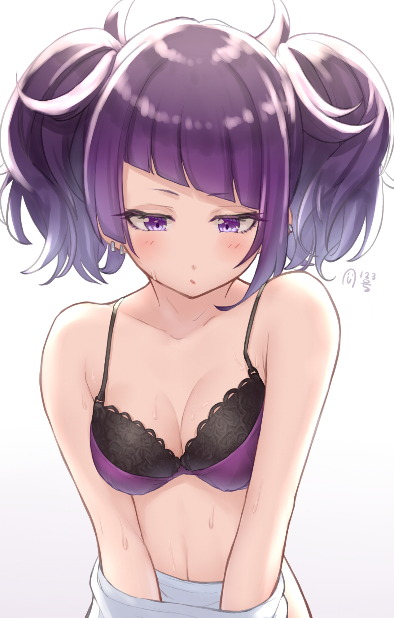 1girls, black bra, blunt bangs, blush, bra, breasts, collarbone, commentary request, diagonal bangs, earrings, female, highres, idolmaster, idolmaster shiny colors, jewelry, kijibato 123-gou, lingerie, looking down, medium breasts, purple bra, purple eyes, purple hair, simple background, solo, sweat, sweatdrop, tanaka mamimi, twintails, two-tone bra, underwear, undressing, upper body, white background