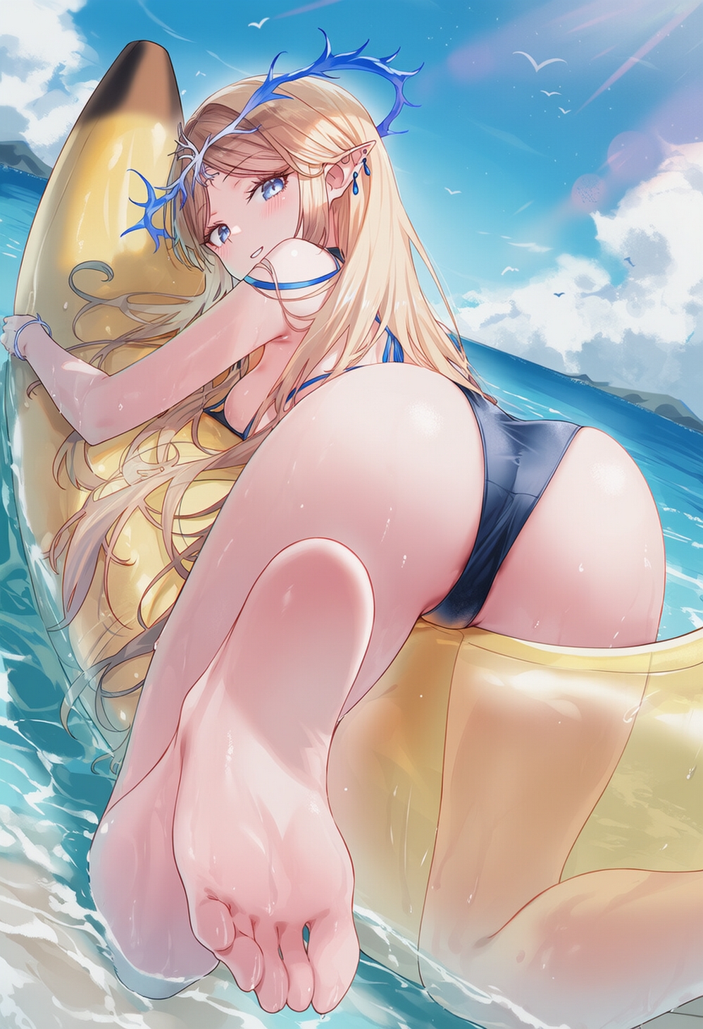 ai generated, ass, ass focus, bikini, blonde female, cartethyia (wuthering waves), daytime, feet, female, female focus, female only, floatie, laying on stomach, raaicave, sky background, wuthering waves