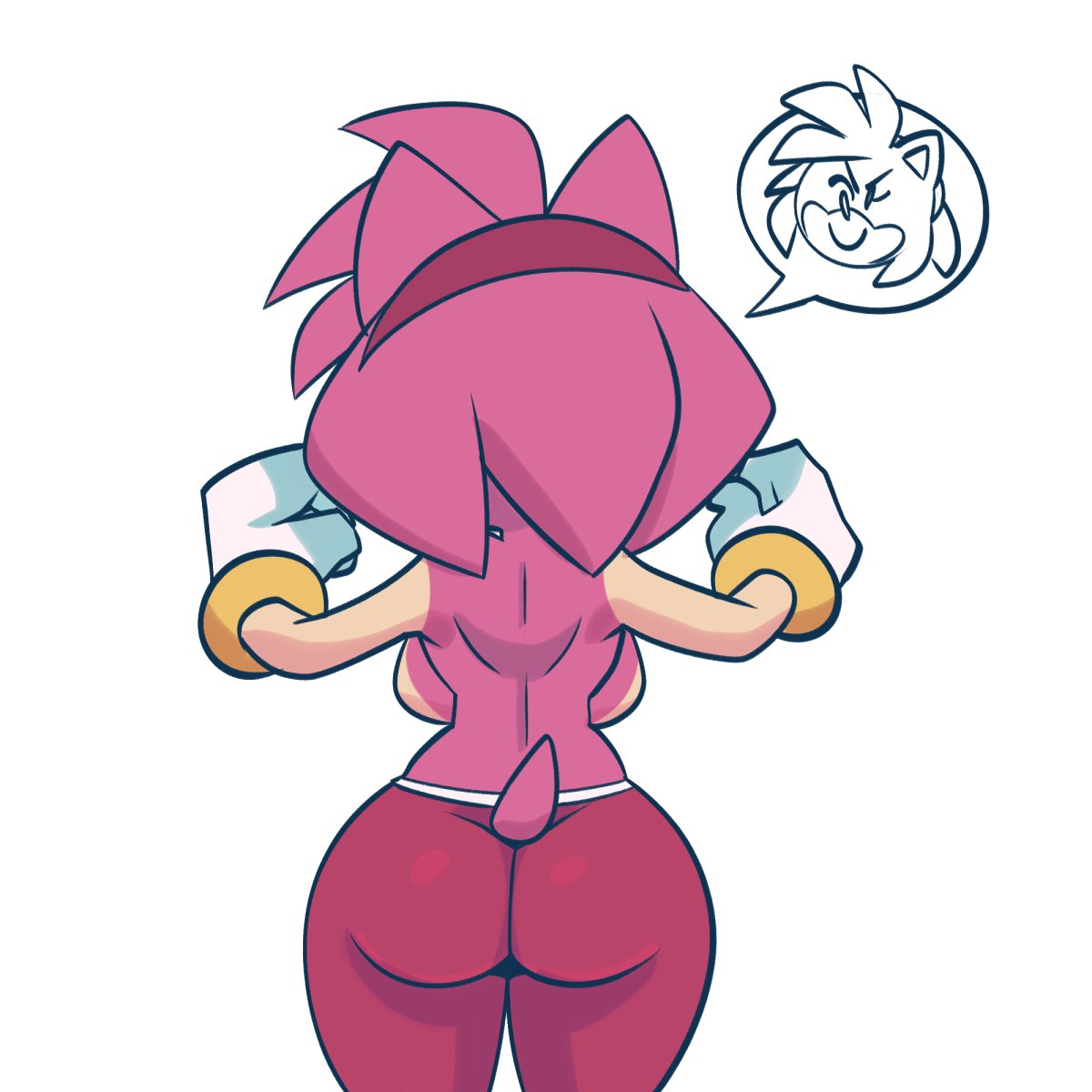 1girls, amy rose, anthro, ass, backboob, big ass, big breasts, breasts, female, female only, furry, furry only, gluteal fold, monamania, pants, rear view, solo, sonic (series), sonic the hedgehog (series), thick thighs, topless, white background, wide hips