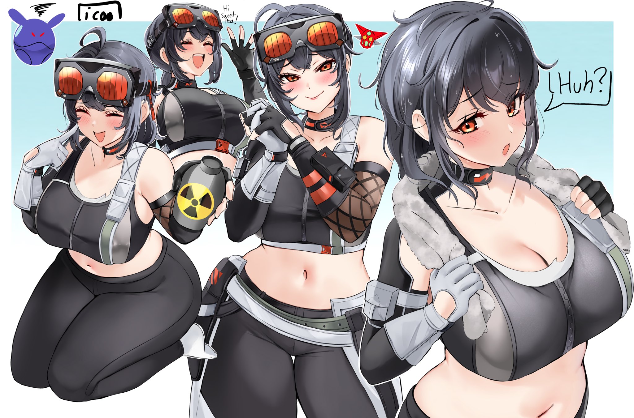 1girls, belobog heavy industries, belt, black sports bra, breasts, crop top, female, female only, fingerless gloves, fishnet gloves, fishnets, gloves, goggles, goggles on head, grace howard, grey belt, highres, icoo, large breasts, navel, orange eyes, single fingerless glove, solo, sports bra, zenless zone zero, zipper top