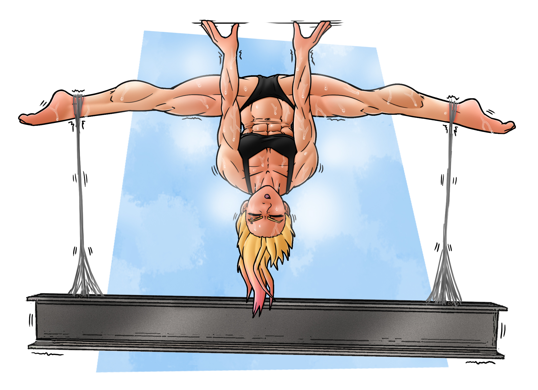 abs, athletic female, black bra, black panties, blonde female, blonde hair, calf muscles, comic book character, dyed hair, female, flexible female, flushed, girder, gwen stacy, gwen stacy (spider-verse), hanging from ceiling, hi res, highres, marvel, marvel comics, muscles, muscular, muscular female, panties, pink hair, pointed feet, pointed toes, red face, sandspire, shaking, shaking legs, solo female, spider-gwen, spider-man: across the spider-verse, spider-man: into the spider-verse, spider-woman, splits, sports bra, spread legs, straining, sweat, sweating, sweaty, toe point, toned female, training, tremble lines, trembling, underwear, upside-down, webbing, weightlifting, workout