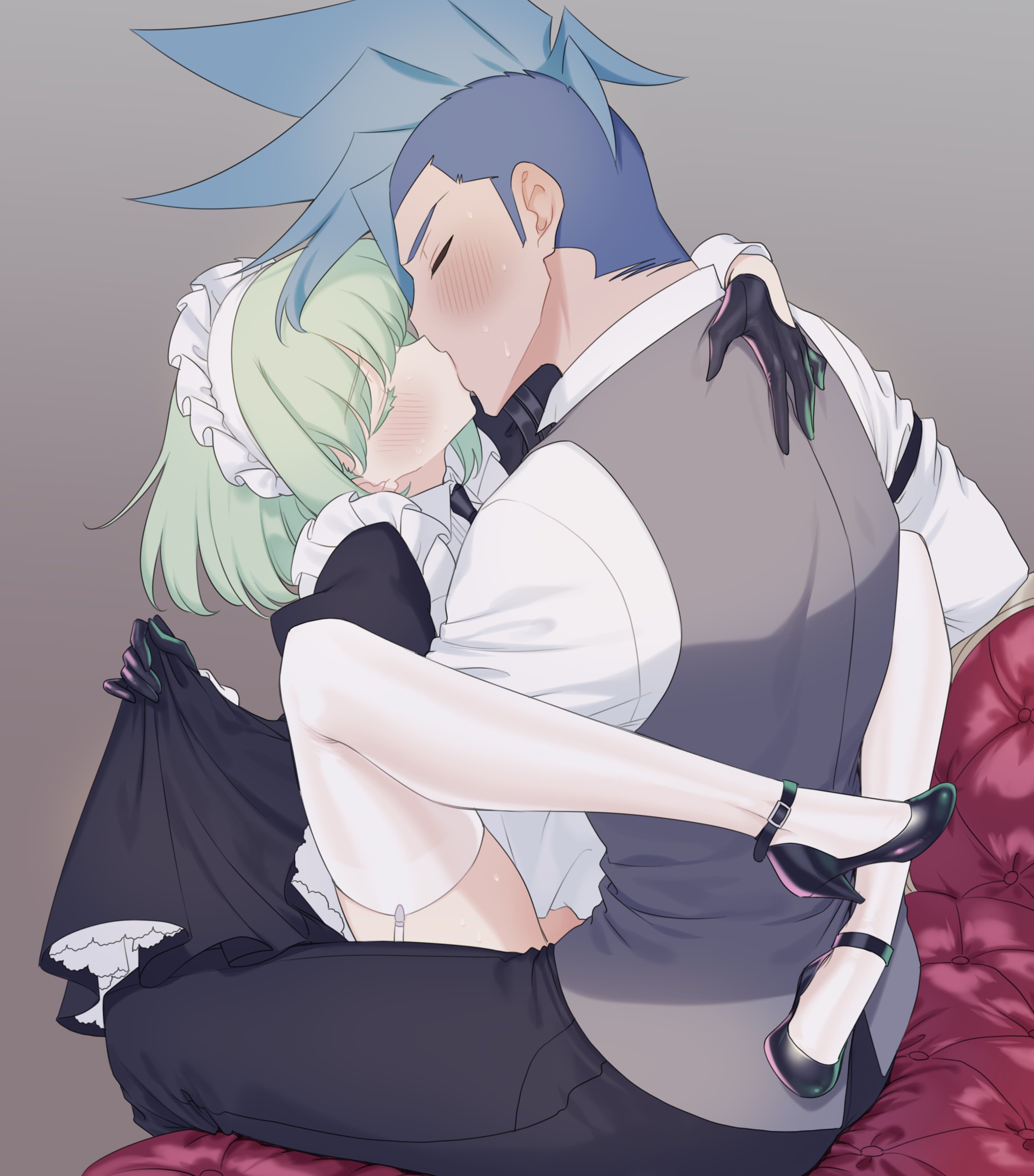 2boys, androgynous, burrrnt, burrrntlemon, clothed, clothing, femboy, galo thymos, hidden penetration, lio fotia, maid, maid uniform, male, uniform, yaoi