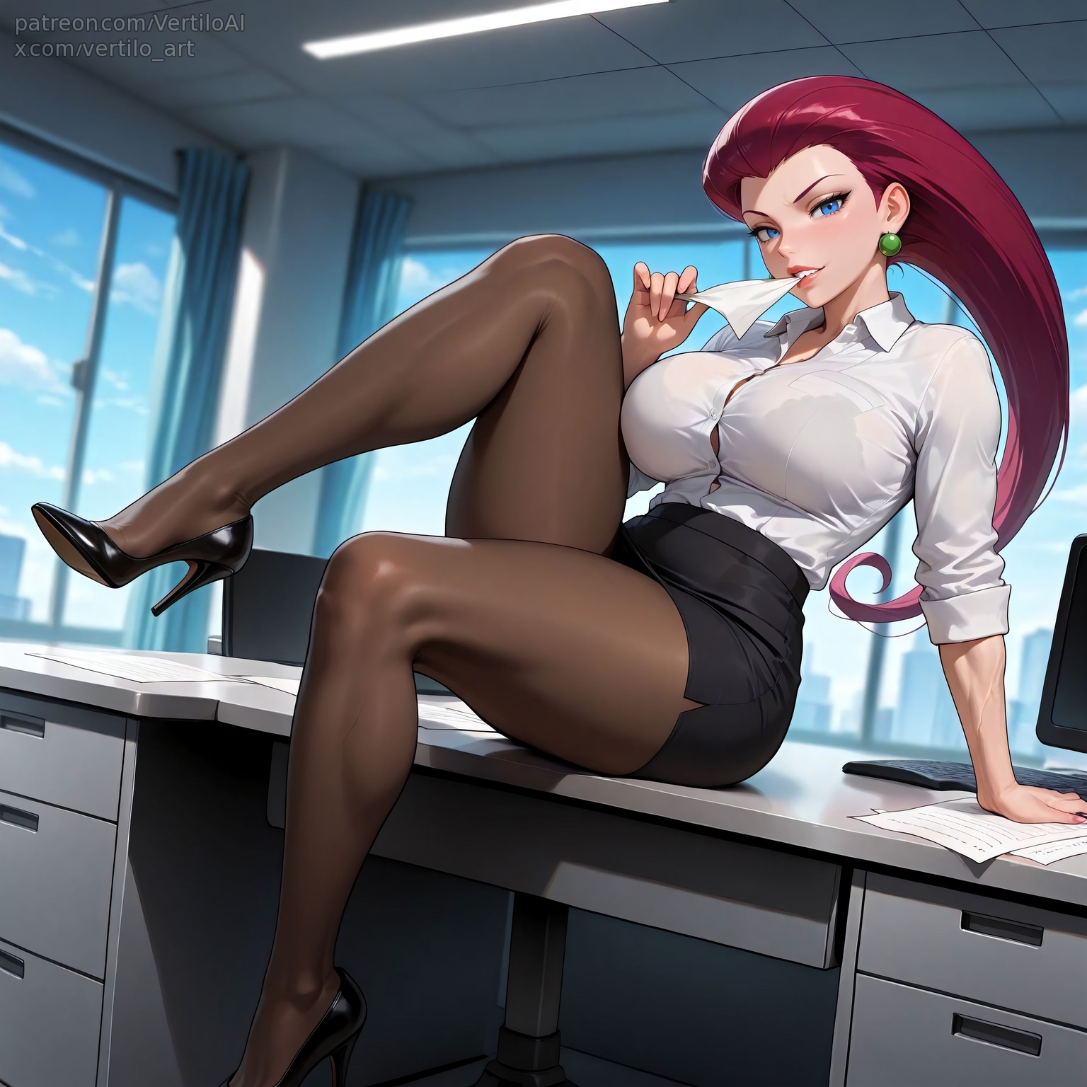 1girls, ai generated, biting, breasts, female, female only, high heels, jessie (pokemon), knee up, large breasts, office, office clothing, office lady, on table, pantyhose, pokemon, red hair, secretary, sitting, solo, thick thighs, vertiloart
