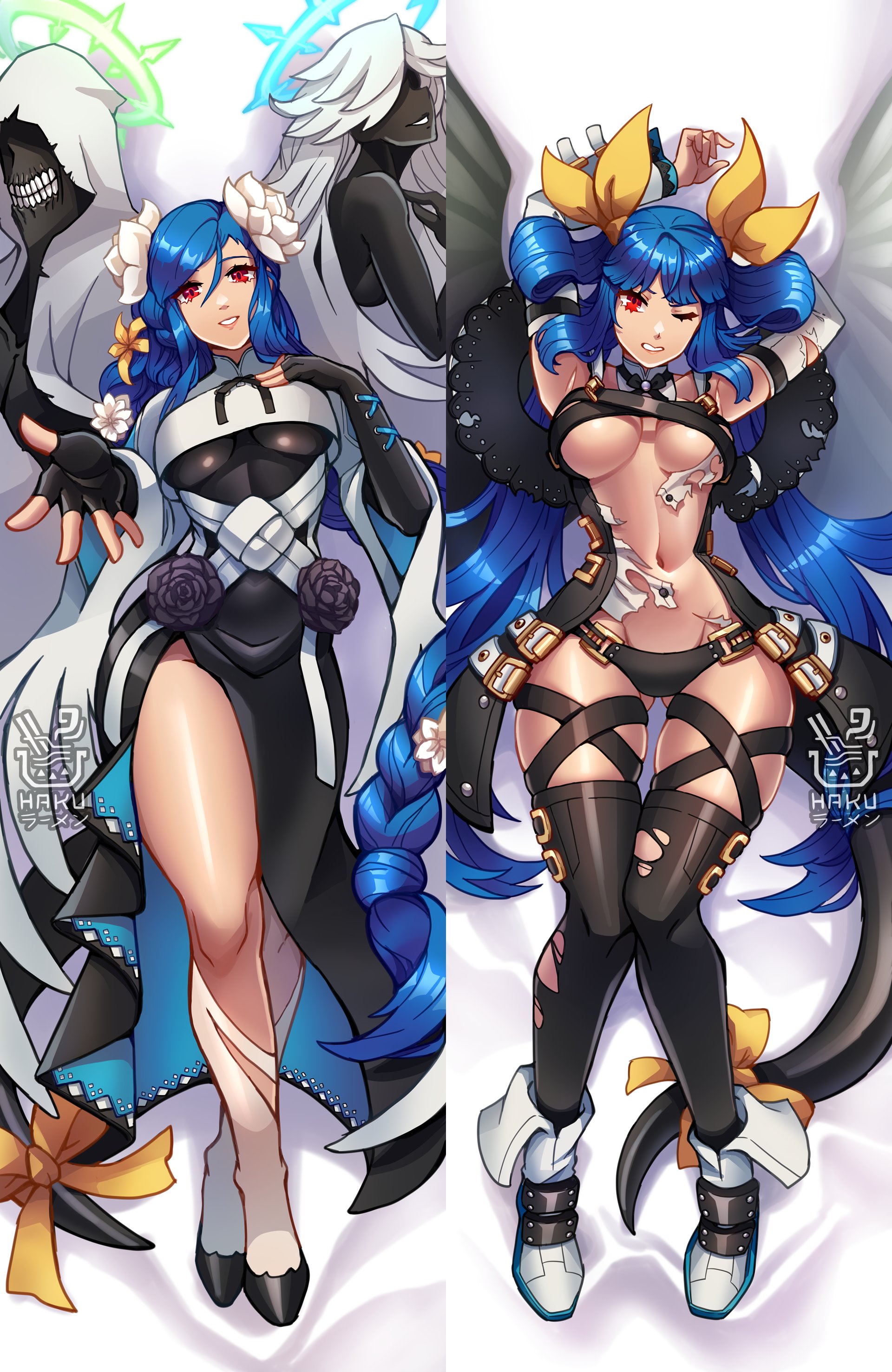 1girls, absurdres, angel wings, arms behind head, artist name, asymmetrical wings, belt, black flower, black panties, braid, braided ponytail, breasts, center opening, commentary, dakimakura (medium), dizzy (guilty gear), english commentary, female, female only, flower, front slit, gluteal fold, guilty gear, guilty gear strive, guilty gear xrd, hair between eyes, hair ornament, hair ribbon, hair rings, hakuramen, halo, high heels, highres, large pectorals, long hair, long skirt, low-tied long hair, mature female, monster girl, multiple views, navel, necro (guilty gear), one eye closed, outstretched arm, panties, pectorals, queen dizzy, ribbon, sidelocks, skindentation, skirt, spiked halo, swept bangs, thick thighs, thigh gap, thighs, twintails, underboob, underwear, undine (guilty gear), white flower, wings, yellow flower