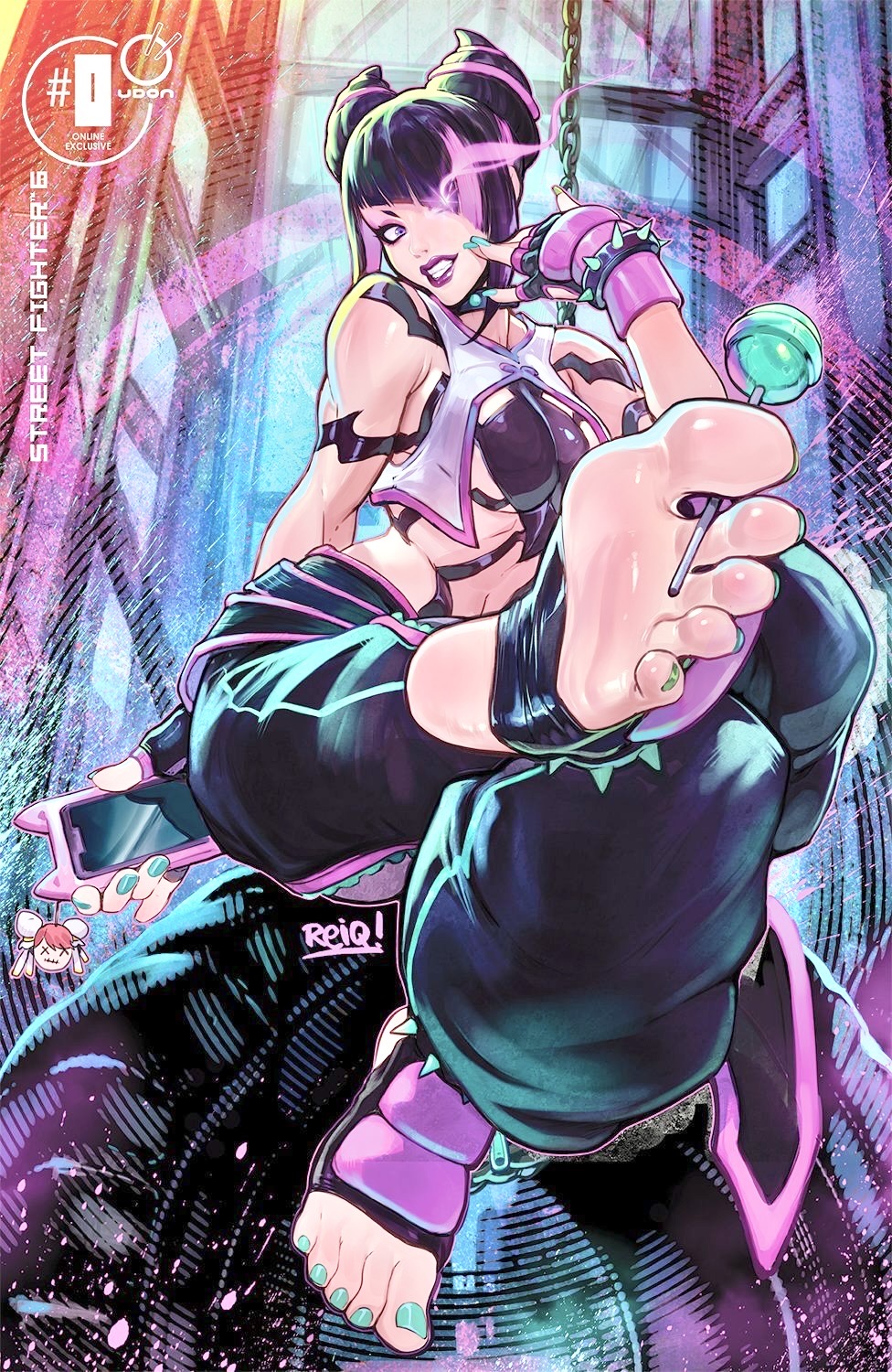 black hair, feet, foot fetish, foot focus, glowing eye, green nail polish, juri han, lolipop, looking at viewer, official art, painted nails, painted toenails, purple eyes, purple lipstick, reiq, smirk, soles, street fighter, street fighter 6, taunting, teal nail polish, teal nails, teasing with feet, toes