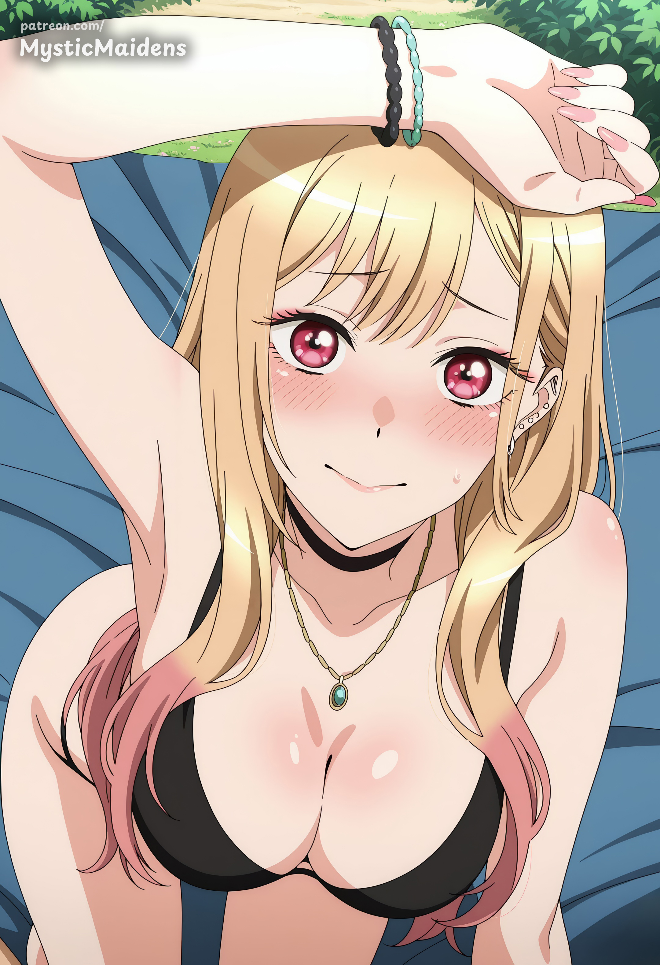ai generated, anime, anime style, arm up, armpits, artist name, bead bracelet, beads, bikini, black bikini, black choker, blonde hair, blush, bracelet, breasts, choker, cleavage, closed mouth, collarbone, colored tips, ear piercing, earrings, female, fingernails, gradient hair, hentai, hi res, jewelry, kitagawa marin, large breasts, long fingernails, long hair, looking at viewer, marin, marin kitagawa, multicolored hair, my dress up darling, mystic maidens, nail polish, necklace, outdoors, patreon, piercing, pink hair, pink nails, red eyes, smile, solo, sono bisque doll wa koi wo suru, sweatdrop, swimsuit