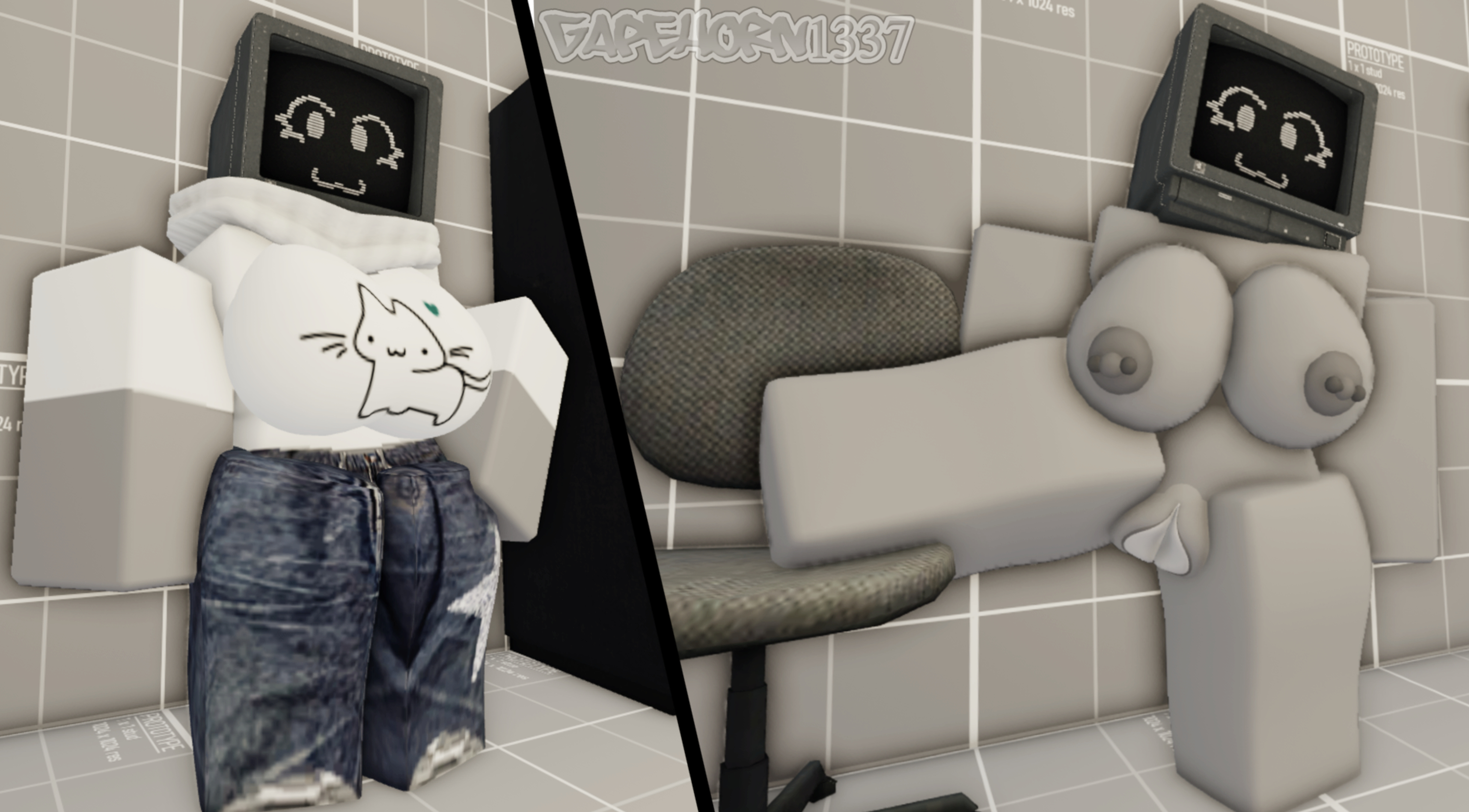 1girls, 3d, artist name, breasts, chair, clothed, computer head, female, female only, gapehorn1337, nipples, nude, oc, pussy, roblox, roblox studio, robloxian, screen face, self upload, tagme, thighs, tv head, vixel (gapehorn1337), watermark