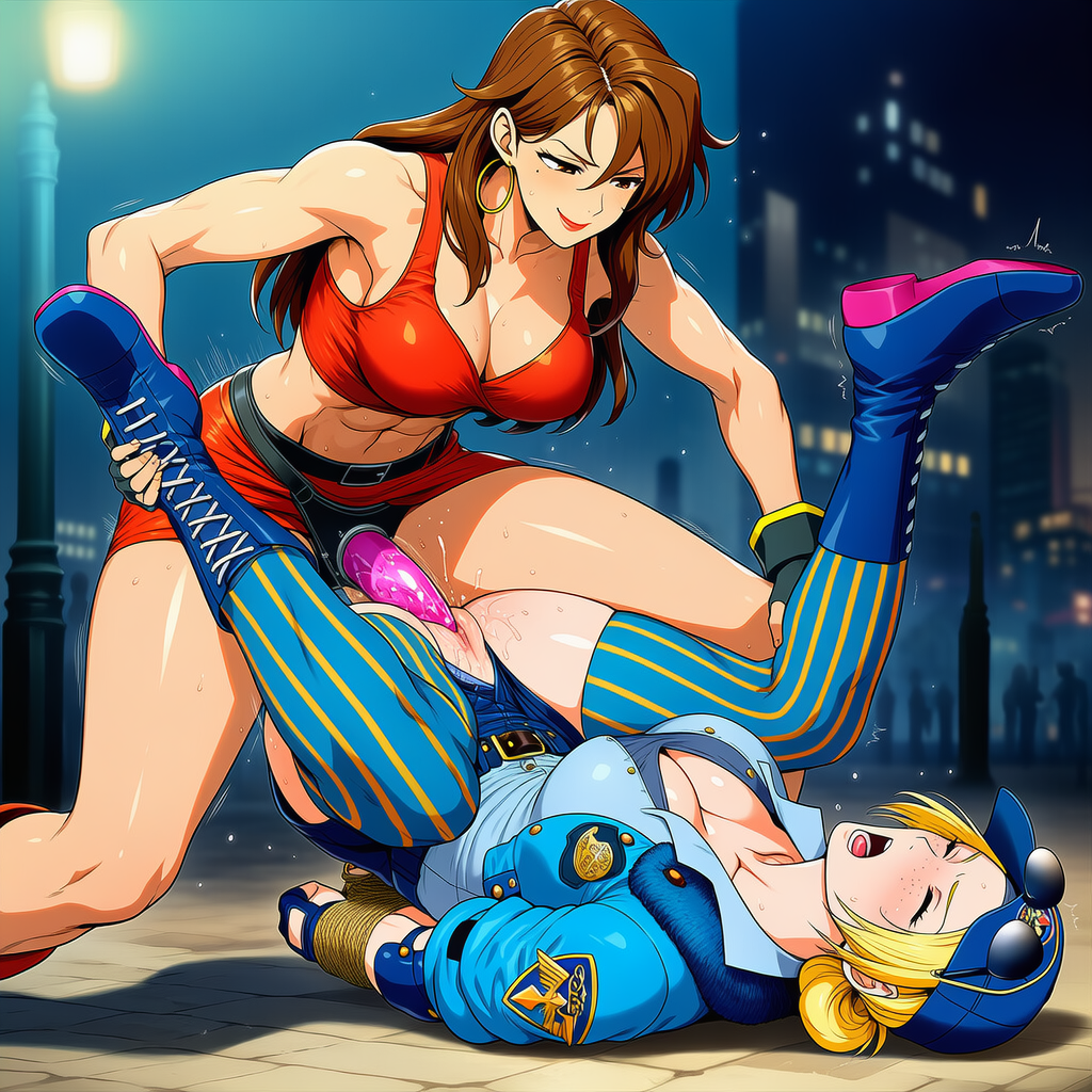 ai_generated arms_behind_back arms_tied arms_tied_behind_back birdawg16 blaze_fielding blonde_female blonde_hair blonde_hair_female bondage brunette brunette_female brunette_hair_female final_fight hat legs_apart legs_held_open legs_up lezdom lezsub lucia_morgan piledriver_position police pounding_pussy stockings strap-on strapon strapon_in_pussy street_fighter street_fighter_6 streets_of_rage vaginal_penetration vaginal_sex yuri