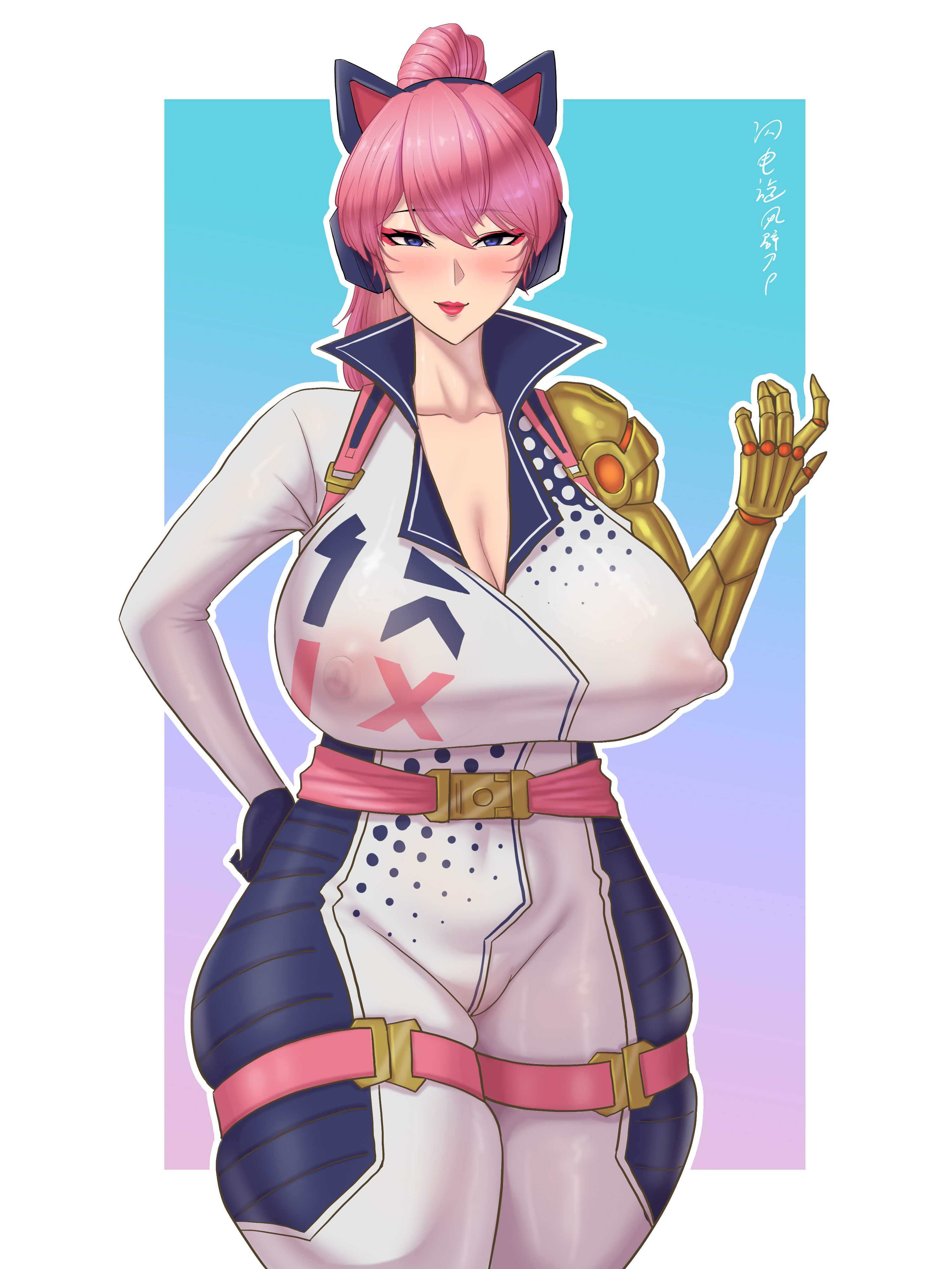 big breasts, big nipples, bodysuit, breasts, breasts bigger than head, breasts out, bulging breasts, clavicle, cone nipples, covered breasts, covered nipples, erect nipples under clothes, female, female only, front view, hand on hip, huge breasts, huge nipples, lego, light skin, light-skinned female, ninjago, ninjago: dragons rising, ninjago: dragons rising (season 1), nipple indentation, nipples, nipples visible through clothing, non-euclidean border, outline, pink hair, pink nipples, prosthetic arm, sdxfp3, solo, sora (ninjago), thigh strap, tits bigger than head, tits out, white outline, white skin