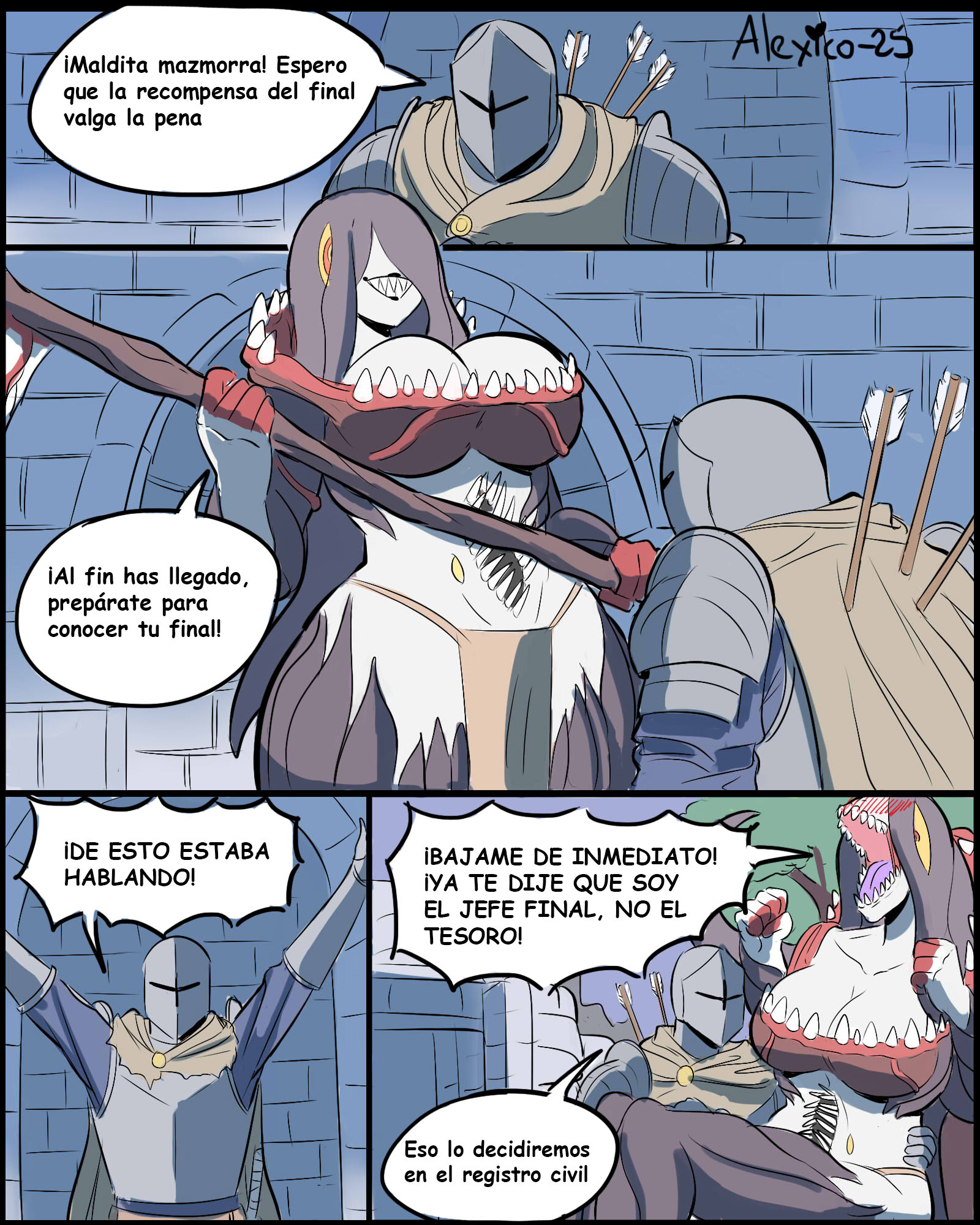 alexico roadagain, black hair, blush, blush lines, blushing, boob window, boobs, breasts, carrying, cleavage, comic, eyes, eyes covered, female, funny, hair over eyes, hear me out, humor, joke, joke art, knight, medieval, meme, mimic, mimic chest, mommy, monster girl, nightmare waifu, red eyes, sharp teeth, sketch, spanish text, speech bubble, stomach mouth, tagme, taller female, teeth, teeth visible, toothy grin, weapon, yellow eyes