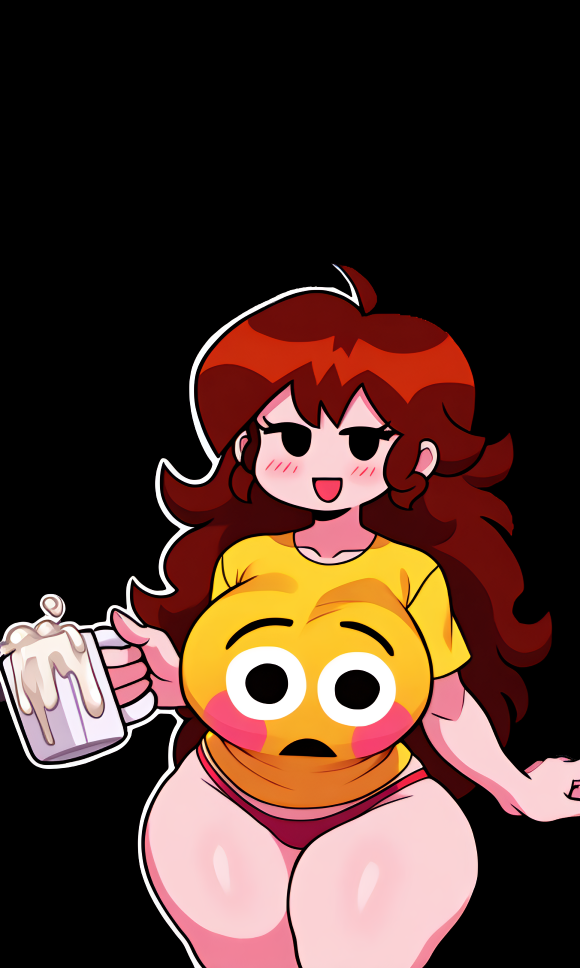 :d, 4 fingers, ai generated, auburn hair, bangs, big breasts, black background, black eyes, blush, breasts, clothed, cum, cum mug, curvy, emoji shirt, eyelashes, female, flushed emoji shirt, friday night funkin, girlfriend (friday night funkin), holding mug, long hair, looking at viewer, meme attire, meme clothing, messy hair, mug, mug of cum, pixai, red panties, shortstack, simple background, solo, thick thighs, wide hips, yellow shirt