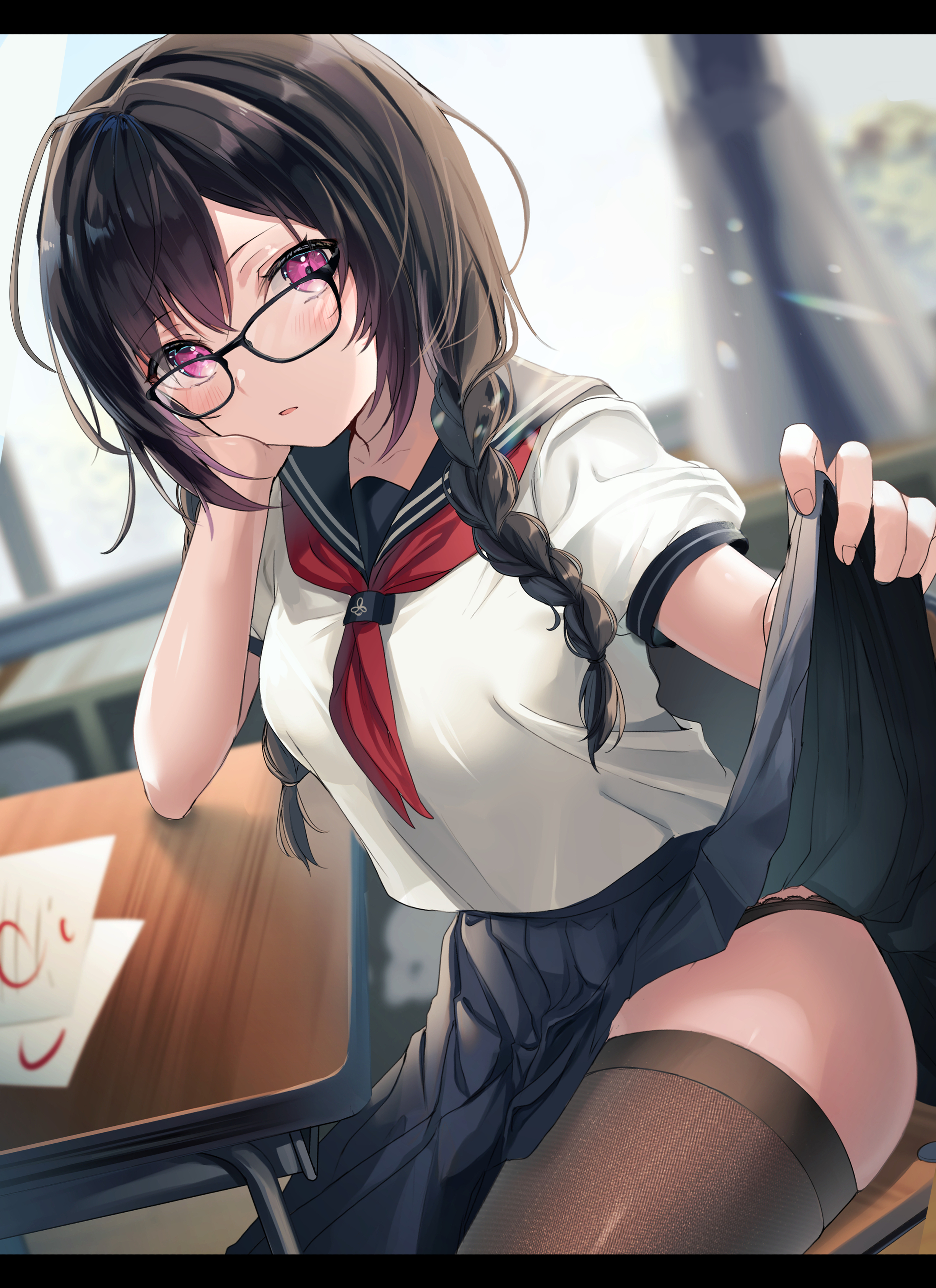 artist request, black hair, black panties, blue sailor collar, blue skirt, blush, braid, brown thighhighs, character request, classroom, clothes lift, desk, female, glasses, hand on own cheek, hand on own face, head rest, indoors, jimiko, letterboxed, lifting own clothes, long hair, looking at viewer, low twintails, neckerchief, panties, panty straps, parted lips, pleated skirt, purple eyes, red neckerchief, sailor collar, school desk, school uniform, serafuku, shirt, short sleeves, skirt, skirt lift, solo, thighhighs, twin braids, twintails, underwear, white shirt