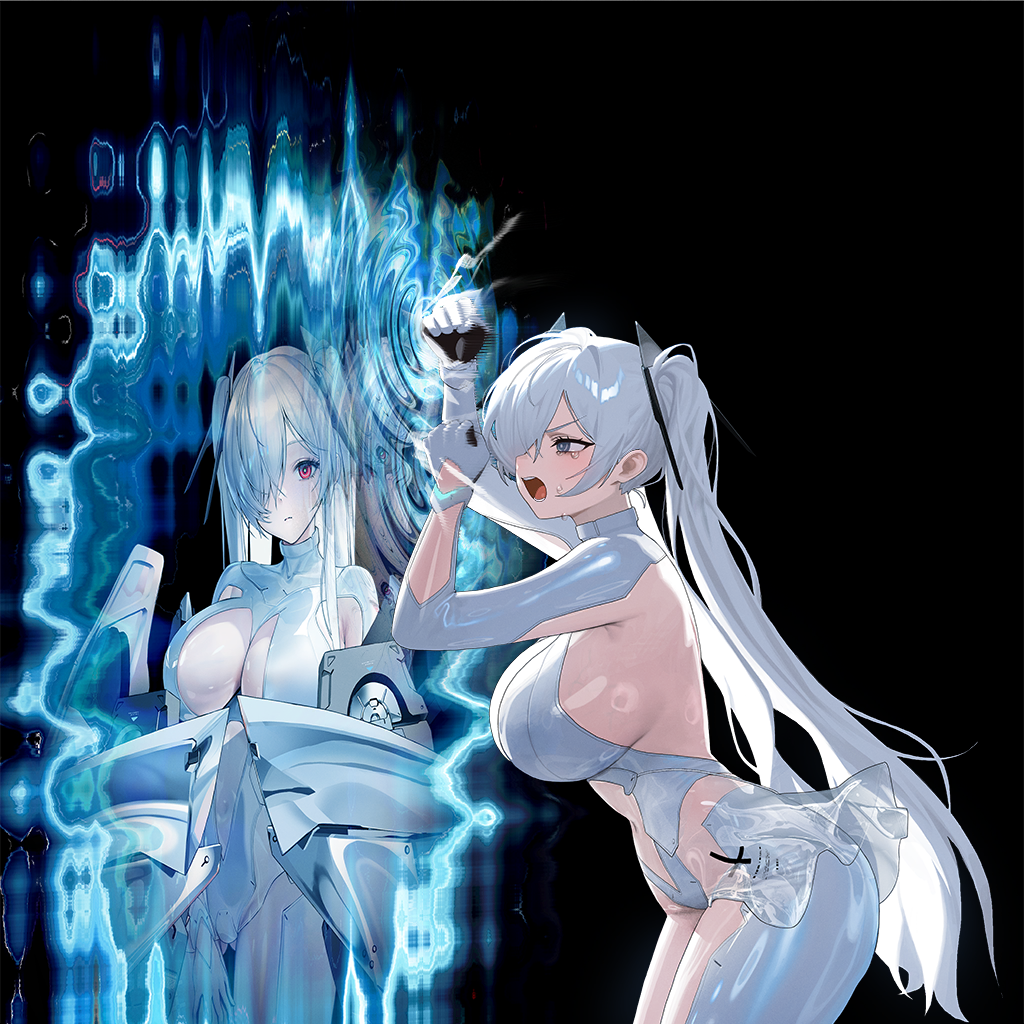 anachiro_(nikke) ass blue_eyes breasts cinderella_(nikke) curvy goddess_of_victory:_nikke large_breasts mirror official_art red_eyes reflection silver_hair solo tagme white_hair wide_hips