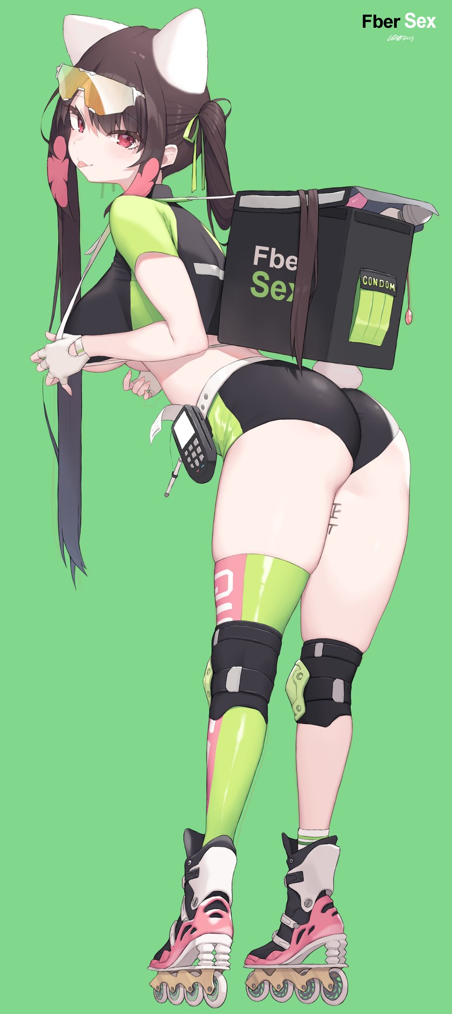 1girls, absolute territory, animal ears, ass hanging out, ass hanging out of shorts, backpack, big breasts, bike shorts, body writing, breasts, brown hair, bunny tail, cloba, cropped shirt, delivery employee, delivery uniform, dildo, female, female only, fingerless gloves, food delivery box, green background, hair ribbon, hitachi magic wand, kemonomimi, knee pads, leaning forward, long hair, pinup, ponytail, red eyes, roller skates, sex toy, short shorts, shorts, single thighhigh, skindentation, tongue, tongue out, uber eats, underboob, vibrator