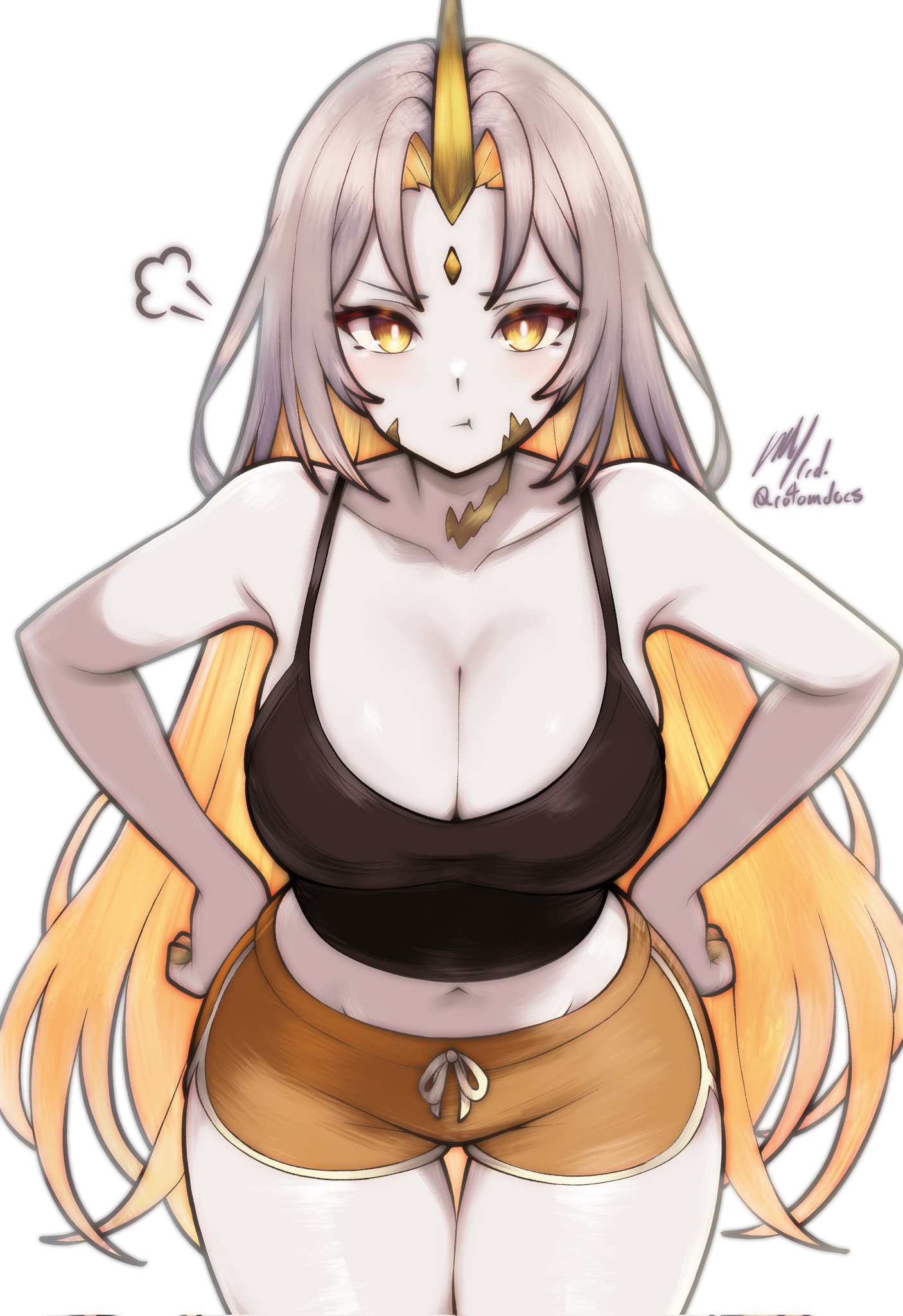 1girls, artist name, big breasts, breasts, cleavage, female, female only, fire emblem, fire emblem heroes, goddess, gullveig (fire emblem), hi res, horn, jpeg artifacts, large breasts, light skin, light-skinned female, looking at viewer, pale skin, pout, rotomdocs, shorts, signature, solo, tagme, tank top, two-tone hair, white hair, wide hips, yellow eyes