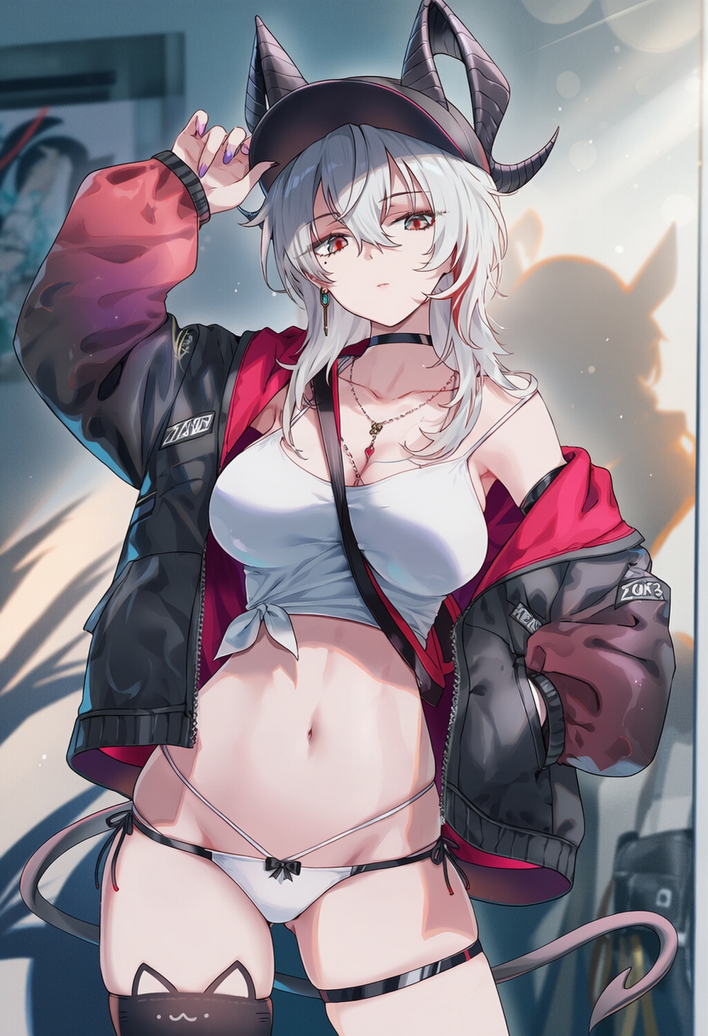 ai generated, female, female focus, female only, neutral expression, panties, raaicave, white crop top, white hair, wuthering waves, zani (wuthering waves)