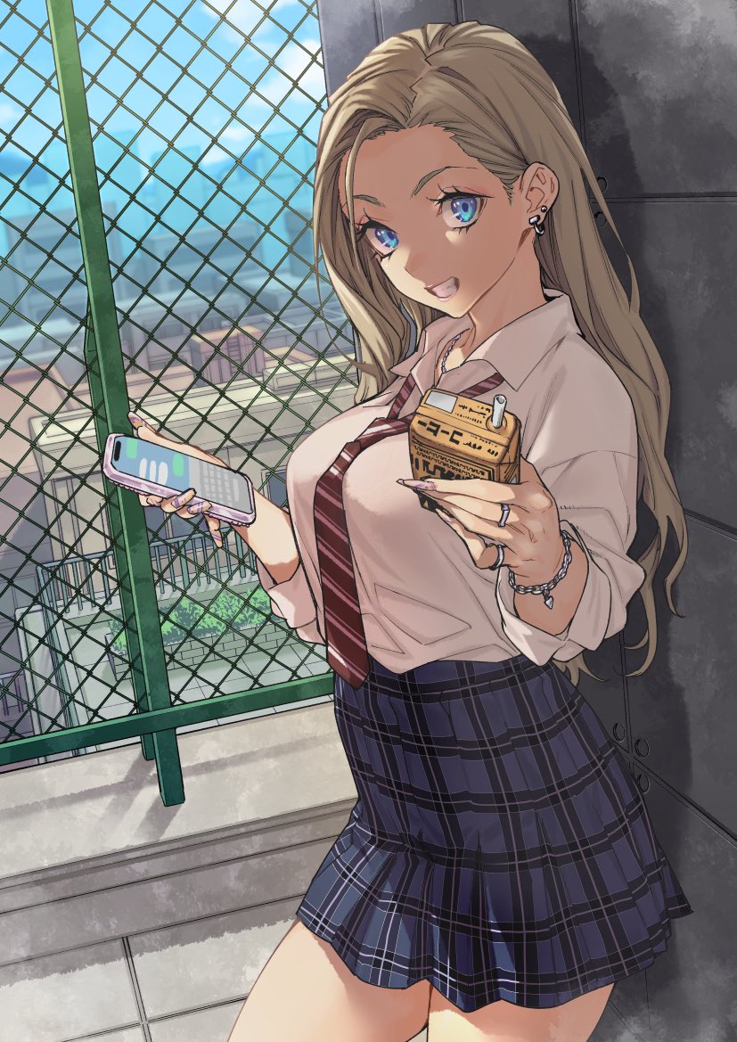 1girls blonde_hair blue_eyes blue_skirt blue_sky cellphone chain-link_fence chain_bracelet chains clenched_teeth collared_shirt commentary_request diagonal-striped_clothes diagonal-striped_necktie fence fingernails holding holding_carton holding_phone jewelry juice_carton long_fingernails looking_at_viewer multiple_rings necktie open_mouth original phone pink_nails plaid_clothes plaid_skirt red_necktie ring saeki_shun school_uniform shirt skirt sky smartphone smile solo standing striped_clothes teeth white_shirt