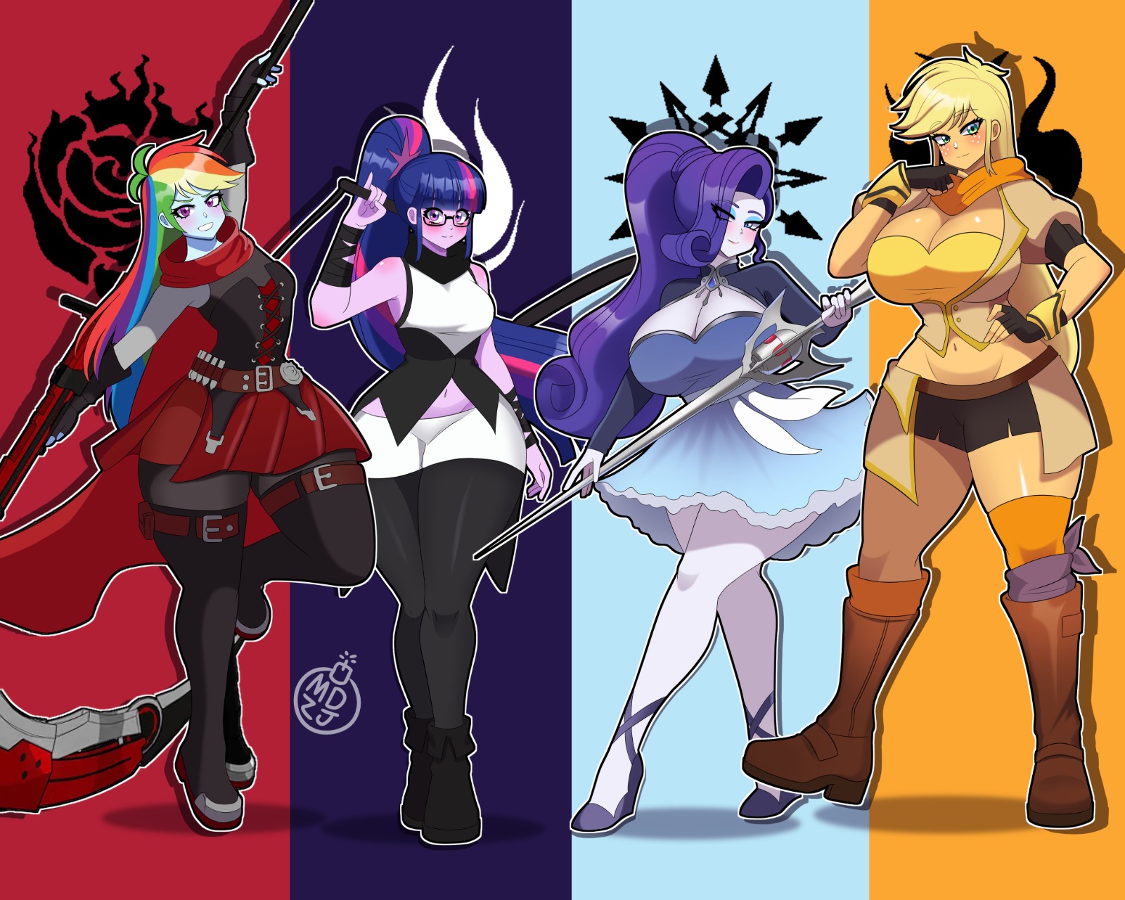 2d, 4girls, applejack (eg), big breasts, big thighs, big titties, blake belladonna (cosplay), blonde hair, blue skin, boots, breasts, busty, cleavage, clothed, clothed female, clothing, color, commission, cosplay, crescent rose, curvaceous, curvaceous female, curvaceous figure, curvy, curvy figure, curvy hips, equestria girls, female, female only, full color, giant breasts, glasses, huge breasts, long hair, masterdestroyzj, multicolored hair, multiple females, multiple girls, my little pony, myrtenaster, navel, non-nude, purple body, purple hair, rainbow dash (eg), rainbow hair, rapier, rarity (eg), ruby rose (cosplay), rwby, sci-twi, scythe, team rwby, tied hair, twilight sparkle (eg), weapon, weiss schnee (cosplay), white skin, yang xiao long (cosplay), yellow skin