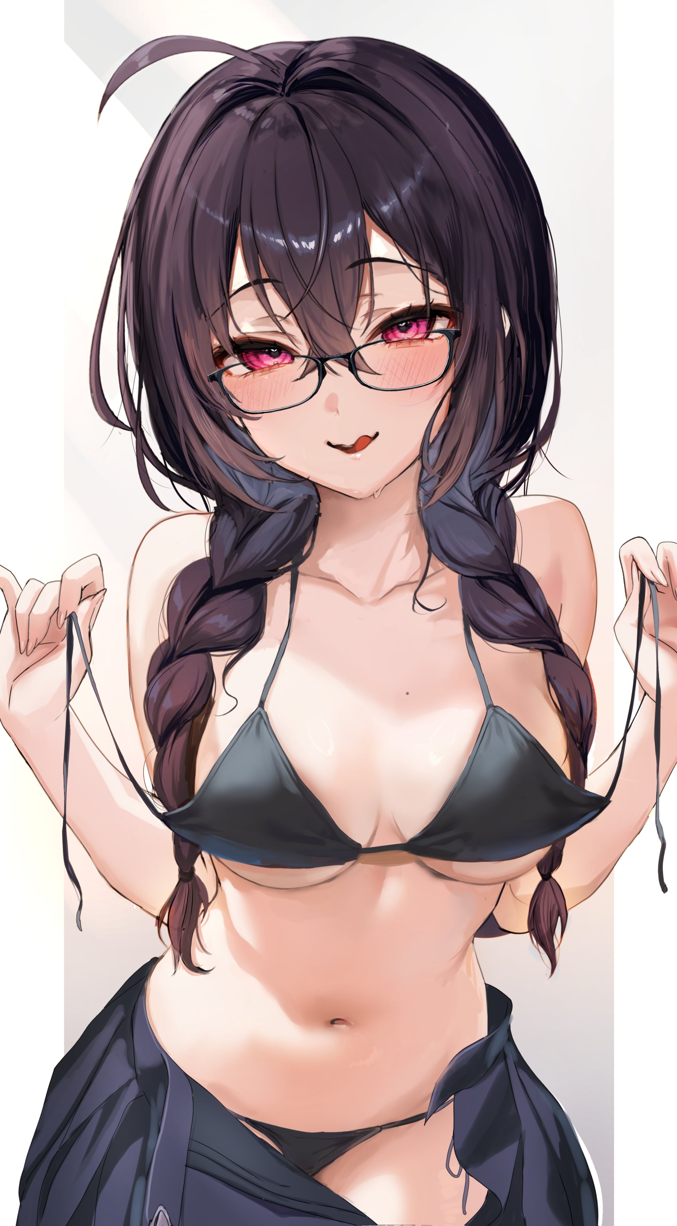 :q, absurdres, ahoge, artist request, bikini, bikini under clothes, black bikini, black hair, black-framed eyewear, blue skirt, blush, braid, breasts, character request, collarbone, commentary request, cowboy shot, crossed bangs, female, glasses, hair between eyes, hair over shoulder, highres, large breasts, long hair, looking at viewer, low twin braids, megane-chan (yufou), mole, mole on chest, navel, open clothes, open skirt, original, outside border, parted lips, pillarboxed, pink eyes, pleated skirt, side-tie bikini bottom, skirt, solo, standing, stomach, string bikini, sweat, swimsuit, tongue, tongue out, twin braids, underboob, undressing, untied bikini, untied bikini top, yufou