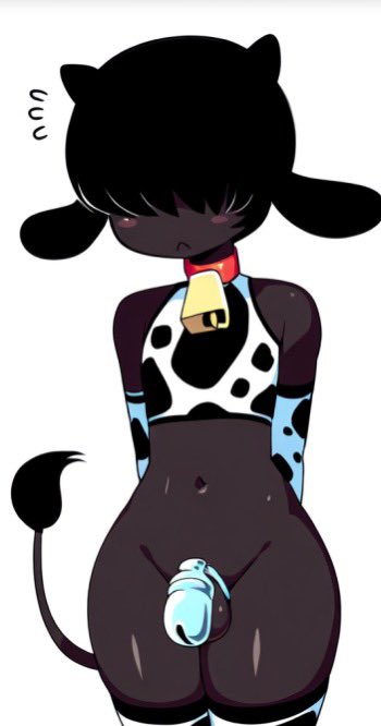 1boy 1femboy chastity_cage cow_femboy cow_horns dark-skinned_femboy femboy hair_covering_eyes male male_only moxifloxi solo solo_male unknown_character