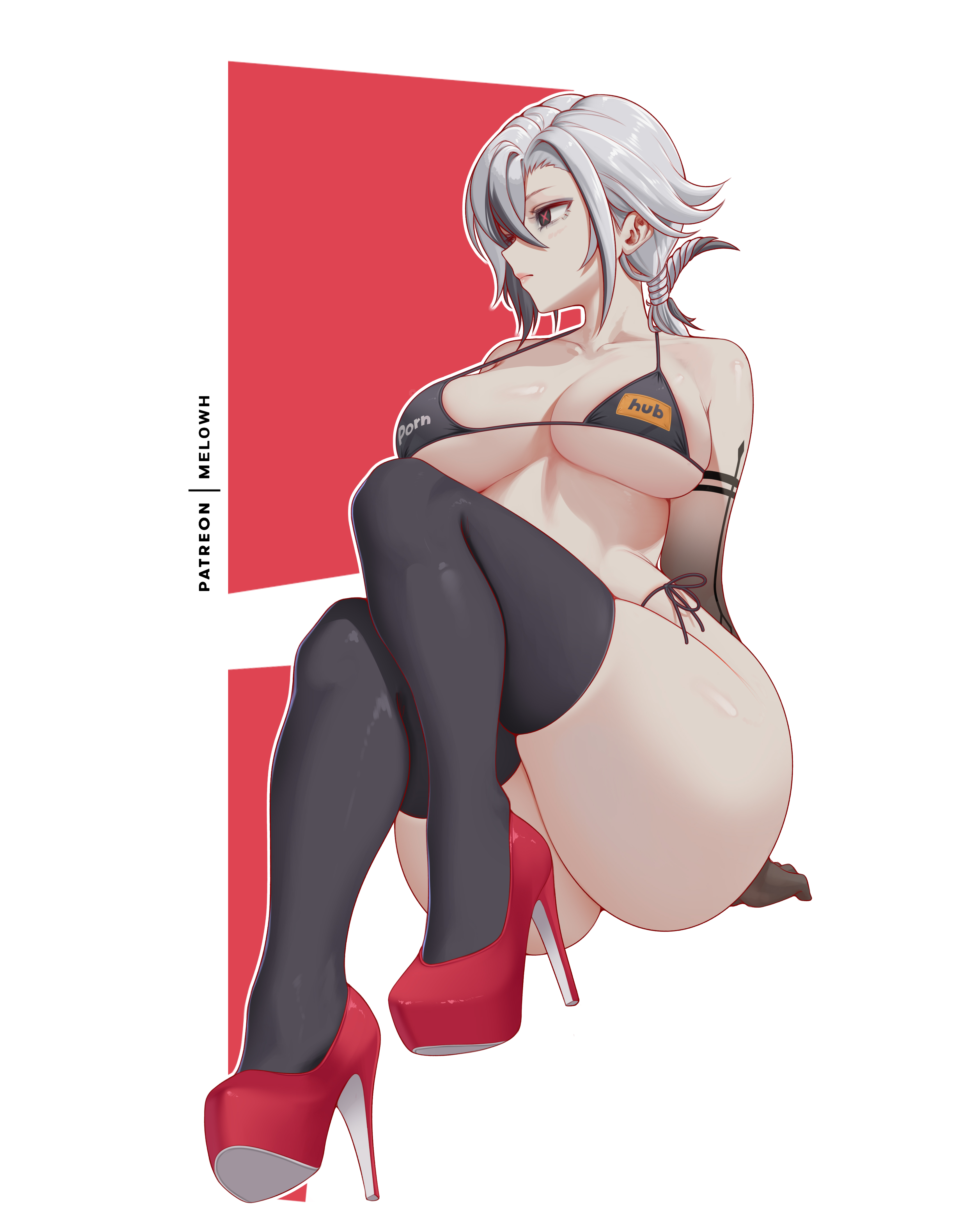 absurdres, arlecchino (genshin impact), bare shoulders, bikini, black bikini, black hair, black hands, black thighhighs, blush, breasts, cleavage, colored extremities, female, female only, genshin impact, grey eyes, high heels, highres, large breasts, long hair, looking to the side, melowh, multicolored hair, pornhub, pornhub bra, red pupils, revealing clothes, solo, stockings, streaked hair, swimsuit, symbol-shaped pupils, thighhighs, white hair, x-shaped pupils
