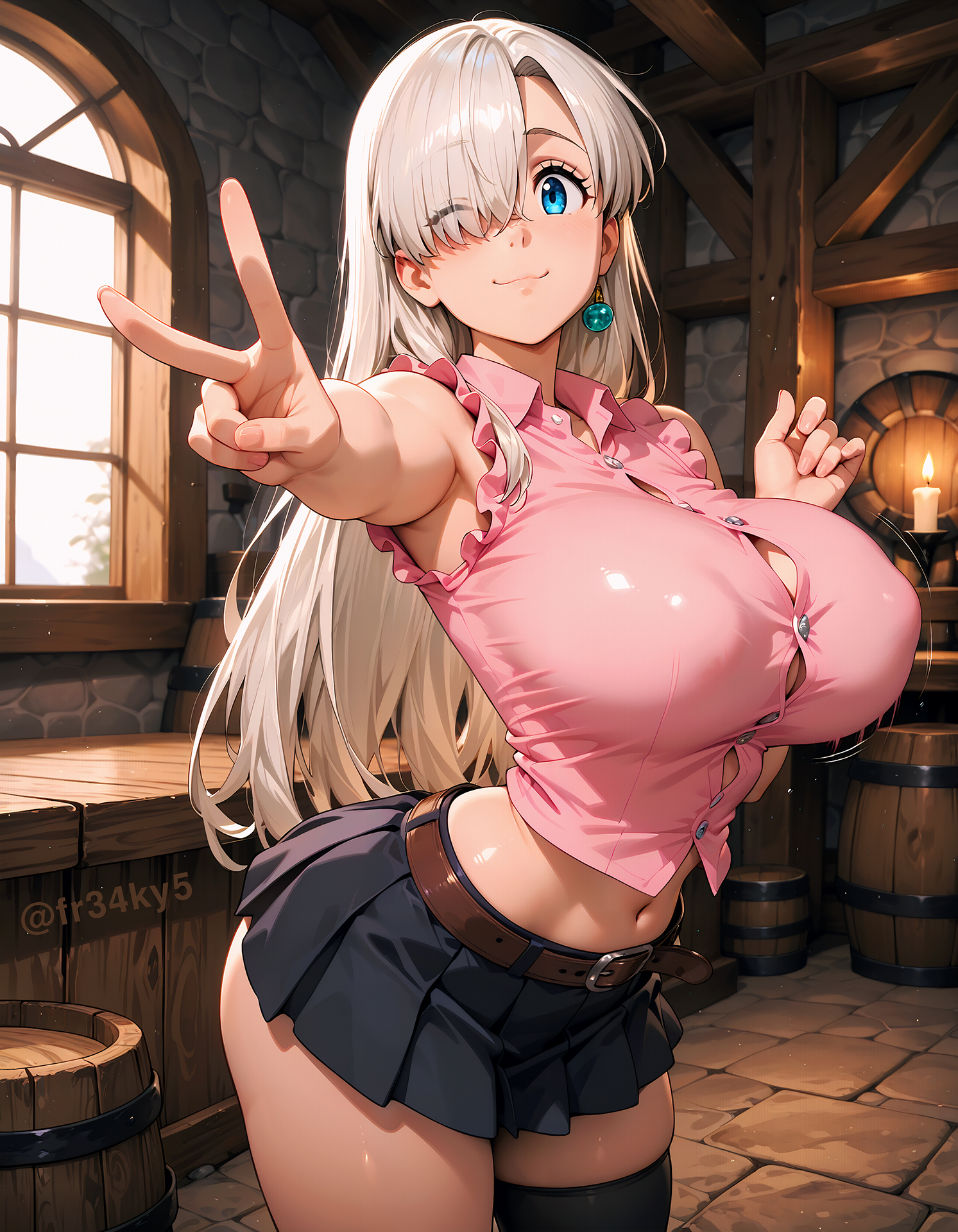 ai generated, breasts, button gap, covered nipples, elizabeth liones, female, fr34ky, huge breasts, nanatsu no taizai, seven deadly sins, skirt, thighhighs