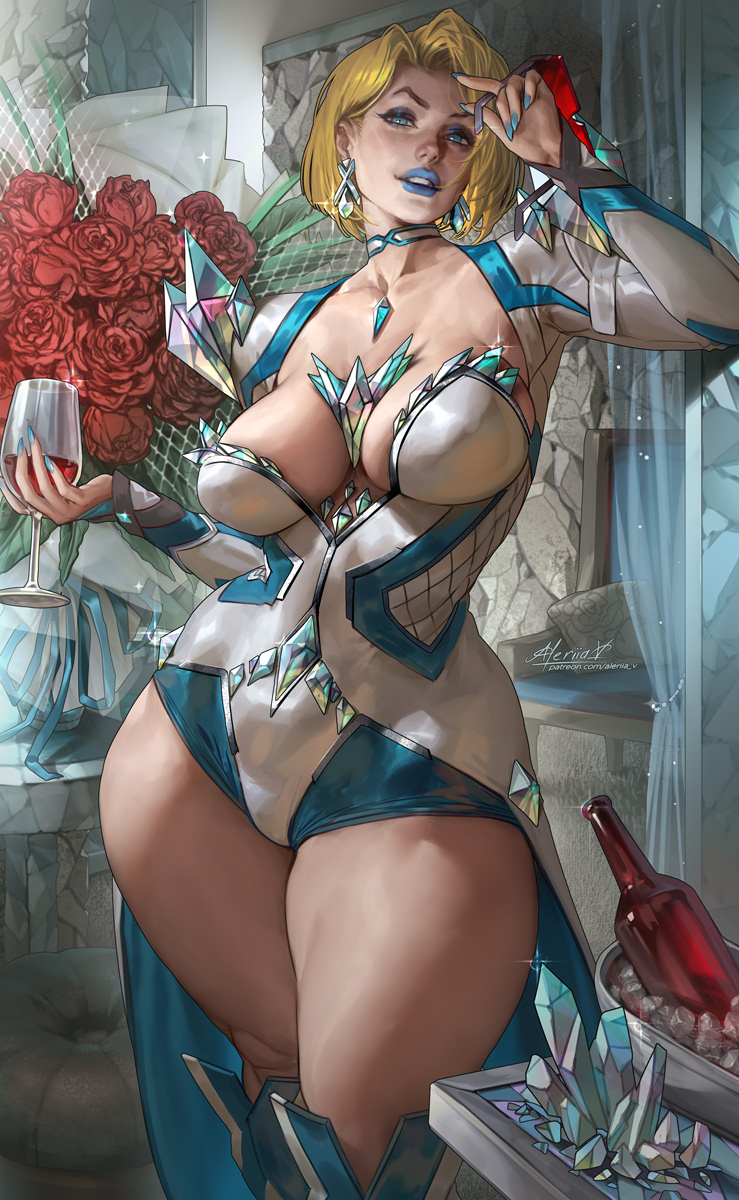 2d, aleriia v, arm up, ass, blonde female, blonde hair, blue eyes, blue eyeshadow, blue lipstick, blue nails, bob cut, breasts, choker, curvy, detailed background, earrings, emma frost, emma frost (marvel rivals), eyeshadow, female, fully clothed, hair behind ear, half-closed eyes, hips, large breasts, legs together, lerapi, light skin, light-skinned female, looking at viewer, marvel, marvel comics, marvel rivals, medium breasts, medium hair, no bra, smile, smiling, standing, teeth, thick ass, thick legs, thick thighs, wide hips, wide thighs