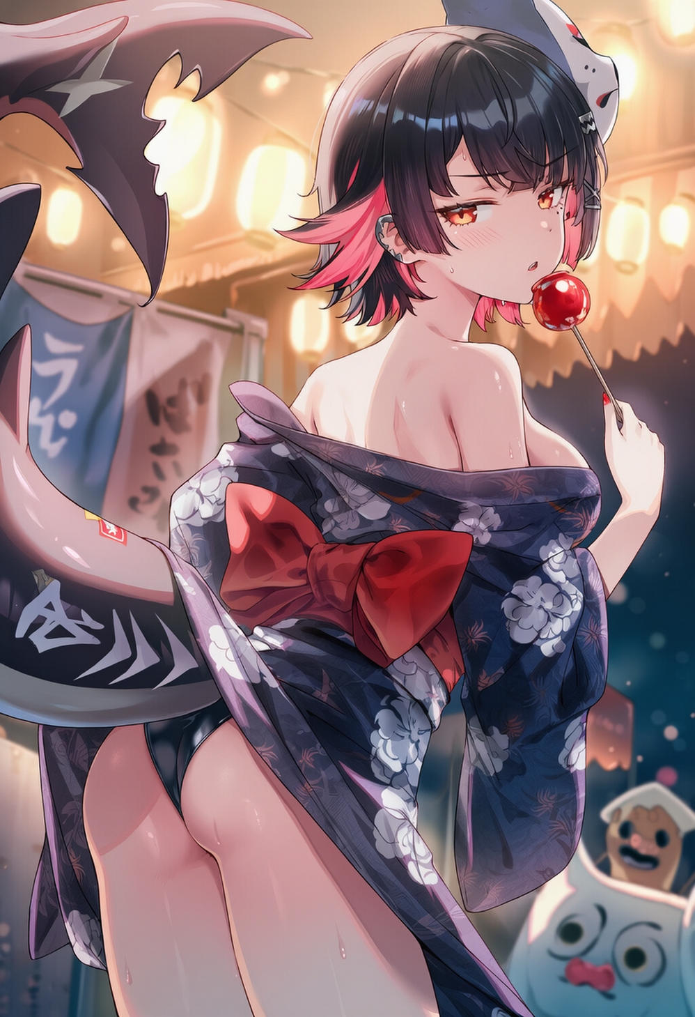 ai generated, ass, ass focus, ass peek, candy apple, ellen joe, female, female focus, female only, festival, kimono lift, raaicave, yukata, zenless zone zero