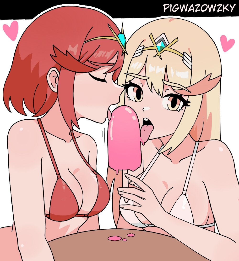 beach big_ass big_breasts big_butt big_thighs big_titties bikini breasts curvaceous curvaceous_female curvaceous_figure curvy curvy_figure curvy_hips female female_focus female_only licking_ice_pop looking_at_viewer mythra_(xenoblade) pigwazowzky pyra red_eyes red_hair short_hair xenoblade_(series) xenoblade_chronicles_2 yellow_hair