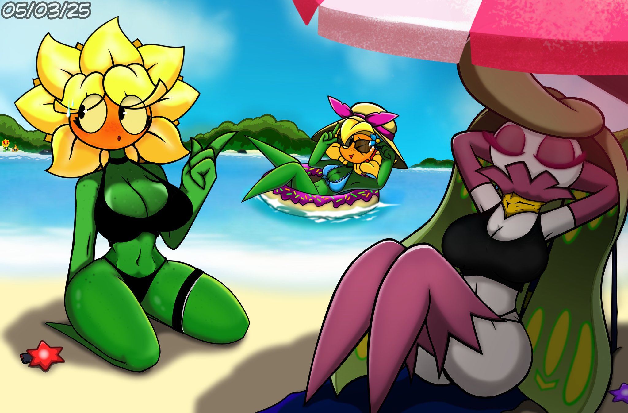 beach, bikini, female, flower, plant, plant girl, plants vs zombies, plants vs zombies: heroes, pokemon, pokemon (species), popcap games, sfexceed (artist), shade, solar flare (pvz), sunflower, sunflower (pvz), swimwear, tsareena
