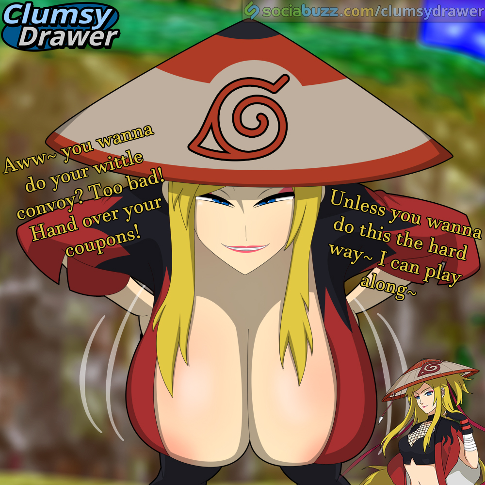 1girls alluring areola_slip artist_logo blue_eyes blurry_background breasts breeze_dancer cleavage clothed clumsydrawer dialogue english english_dialogue english_text eyeshadow female female_focus going_commando hanging_breasts headwear konohagakure_symbol large_breasts lipstick long_hair looking_at_viewer makeup massive_breasts naruto naruto_online no_bra outdoors pink_eyeshadow pink_lipstick robe self_upload smug solo solo_focus straw_hat teasing text tsurara updo url video_game_character yellow_hair