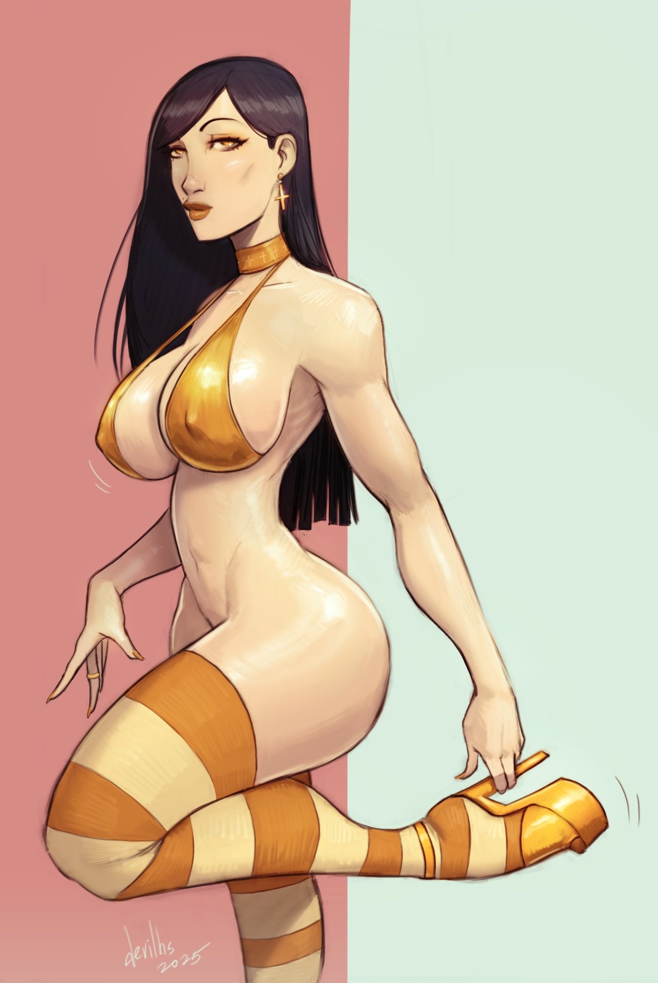 1girls, big ass, big breasts, black hair, breasts, choker, cleavage, devil hs, earrings, female, female only, female torso, gold eyes, gold jewelry, golden bikini, golden earrings, golden eyes, high heels, lipstick, long fingernails, looking at viewer, makeup, nail polish, no panties, original, original character, painted fingernails, painted nails, platform heels, revealing clothes, ring, skimpy clothes, solo, solo female, stockings, straight hair, stripes (devil hs), thick ass, thick thighs, thighhighs, thighs