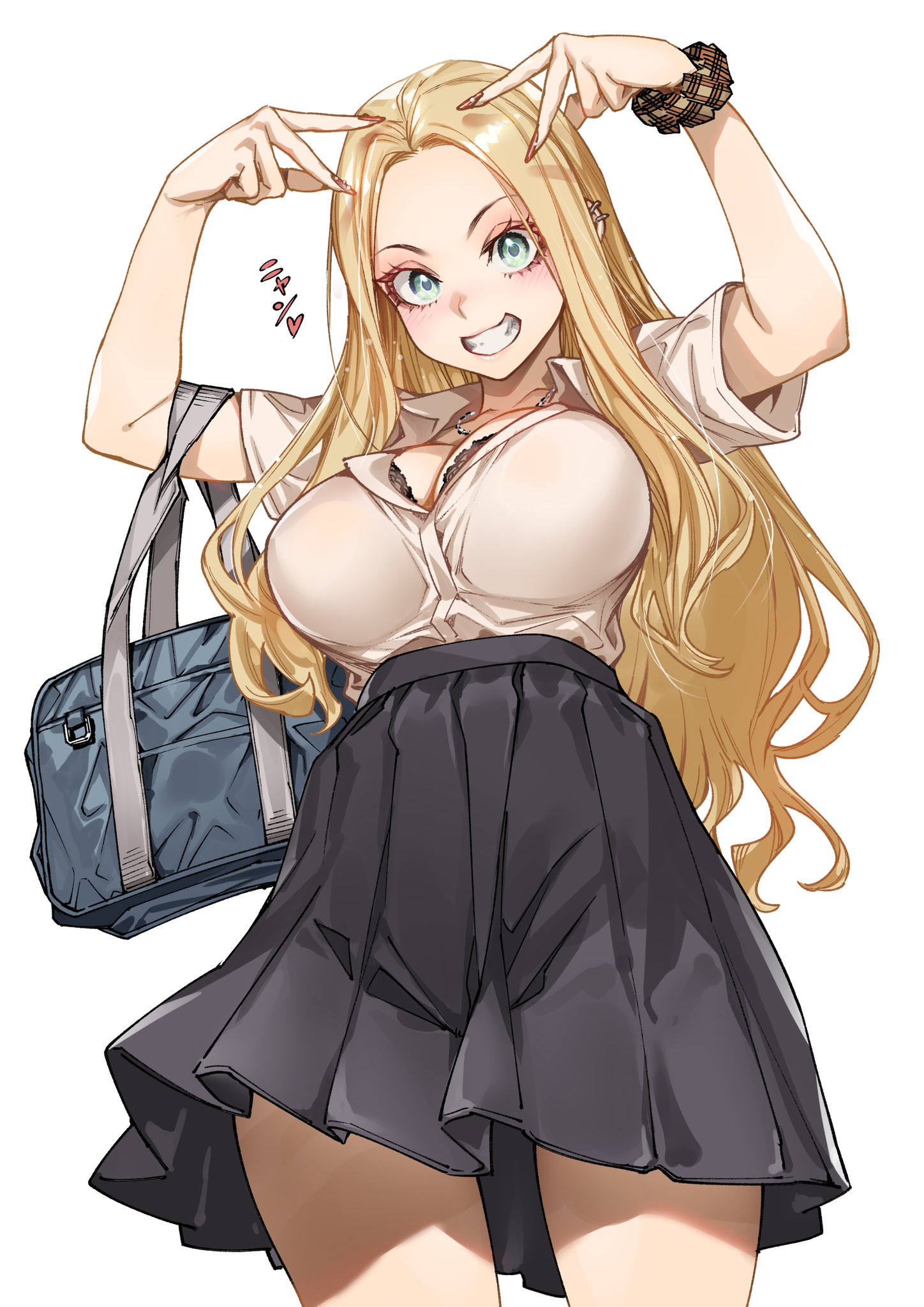 :d, 1girls, 2025, 2d, 2d (artwork), bag, black bra, black skirt, blonde hair, blush, bra, bra peek, breasts, cleavage, clothed, clothed female, double v, earrings, female, green eyes, gyaru, hands up, high-waist skirt, highres, jewelry, kogal, large breasts, long hair, looking at viewer, looking down, nail polish, necklace, original, parted bangs, plaid scrunchie, pleated skirt, red nails, saeki shun, school bag, school uniform, scrunchie, sfw, shirt, shirt tucked in, short sleeves, simple background, skirt, smile, solo, thighs, underwear, v, v over head, very long hair, white background, white shirt, wrist scrunchie
