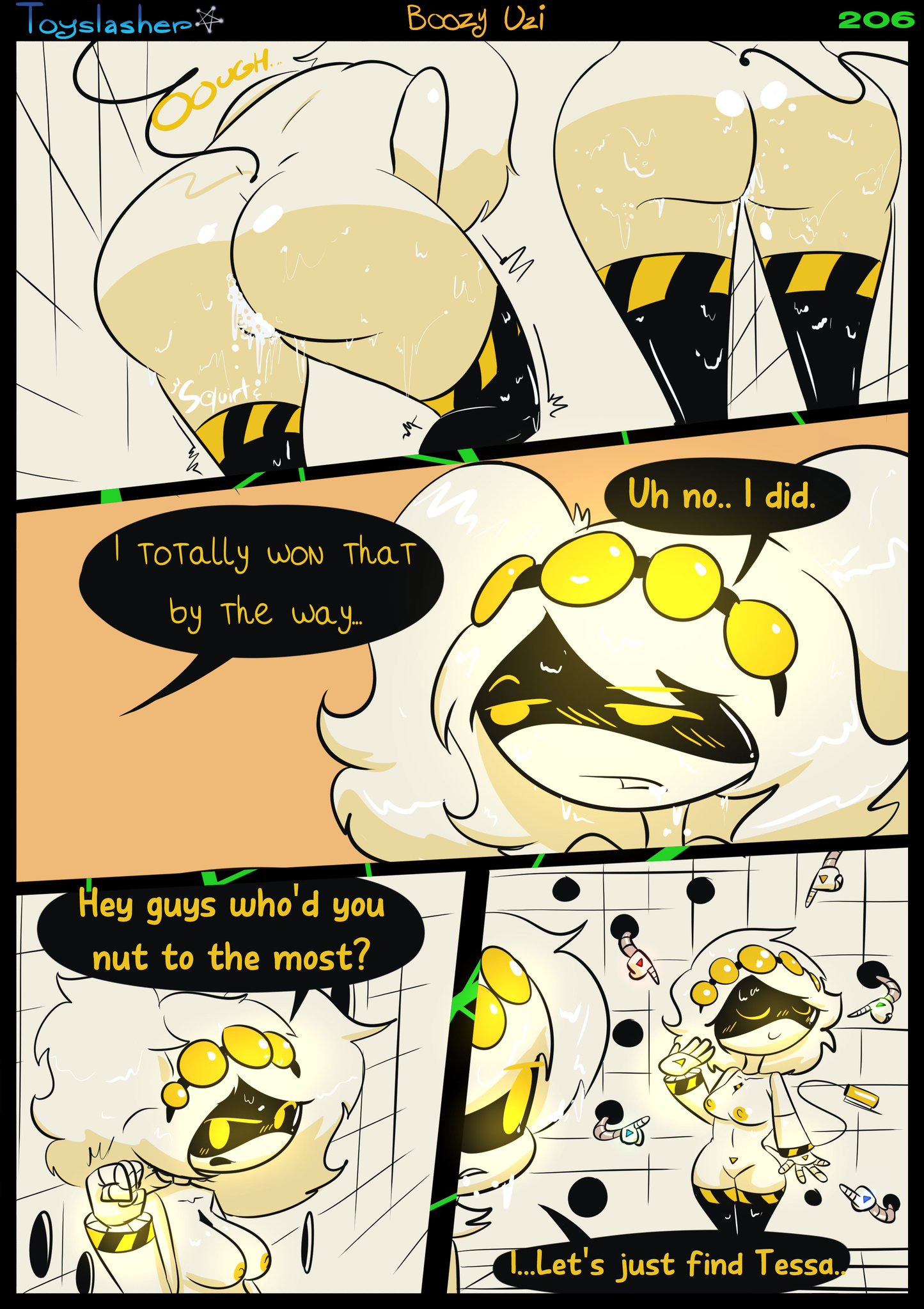 2d, 2girls, after straight sex, ass, boozy uzi, breasts, comic, cum in pussy, dialogue, english dialogue, english text, female, female focus, j (murder drones), male, male/female, multiple boys, multiple females, multiple girls, multiple males, murder drones, nipples, page 206, pussy, robot, robot boy, robot girl, robot humanoid, talking, text, toyslasher, v (murder drones)