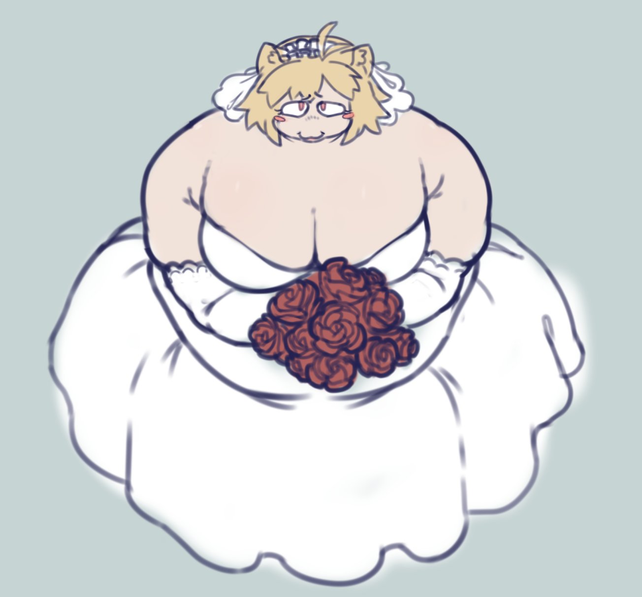 1girls, 2d, animal ears, anthro, anthro female, anthro only, bbw, big breasts, blush, breasts, cat ears, chubby, chubby female, dress, feline, female, female only, looking at viewer, looking up, melty blood, neco-arc, overweight, overweight female, pillowknight, rose (flower), smile, solo, tsukihime, type-moon