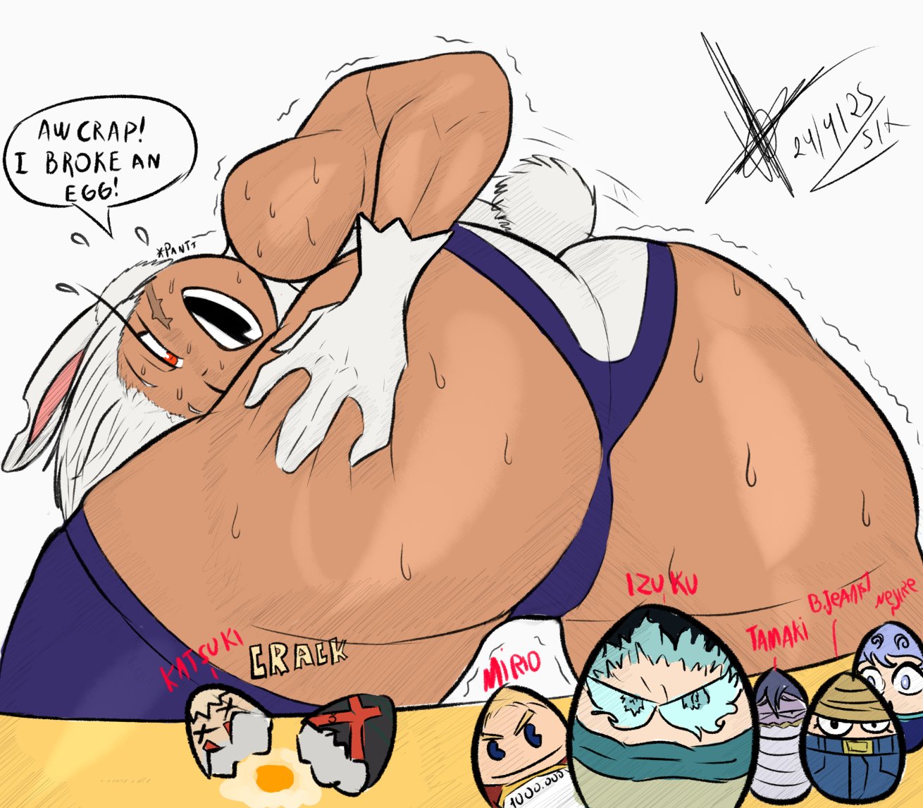 1girls, 2 eyes, 2025, 2d, 2d (artwork), 2d artwork, 5 fingers, ass, big ass, big ass (female), big butt, big butt (female), black text, boku no hero academia, bunny, bunny ears, bunny girl, bunny tail, character request, dark skin, dark-skinned female, digital art, digital media, digital media (artwork), ear, ears, egg, english, english text, eye, eyes, female, izuku midoriya, jpeg, jpg, katsuki bakugou, male, mirio togata, miruko, muscular, muscular female, my hero academia, nejire hado, no human, rabbit, rabbit ears, rabbit girl, rabbit tail, red eye, red eyes, red text, red-eyed female, rumi usagiyama, simple background, sixpathoffriendship, sweat, sweaty, sweaty body, tagme, tail, teeth, text, text bubble, white background, white ears, white hair, white tail, white-haired female, woman