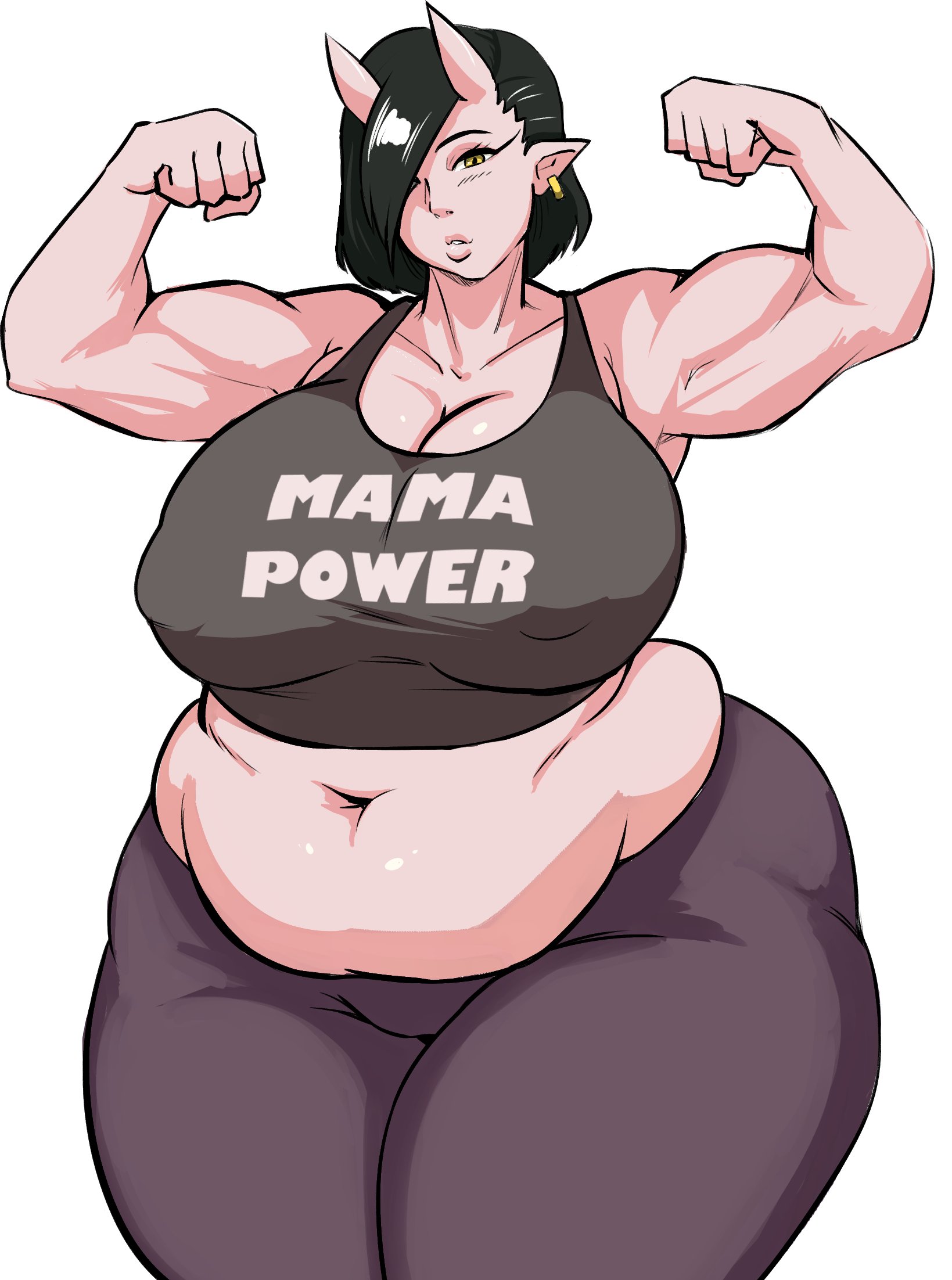 belly, big breasts, breasts, chubby, chubby female, elf-san wa yaserarenai, female, flexing, funkin thetrunk, horns, huge breasts, looking at viewer, milf, muscular, muscular arms, oga, strongfat, venus body