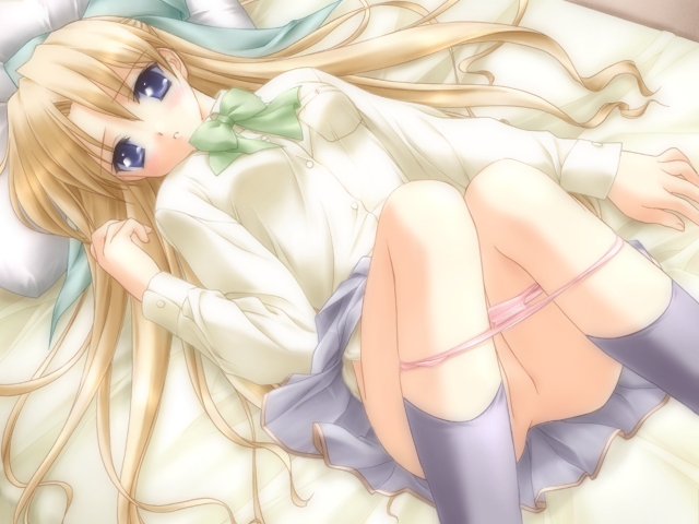 bedding blonde_hair blue_eyes canvas_(series) canvas_1 cocktail_soft f&c game_cg gayarou hairbow legwear long_hair lying open_clothes panty_pull pillow pink_panties plaid_skirt pleated_skirt ribbon sakurazuka_ren school_uniform shirt skirt skirt_lift socks striped striped_panties underwear