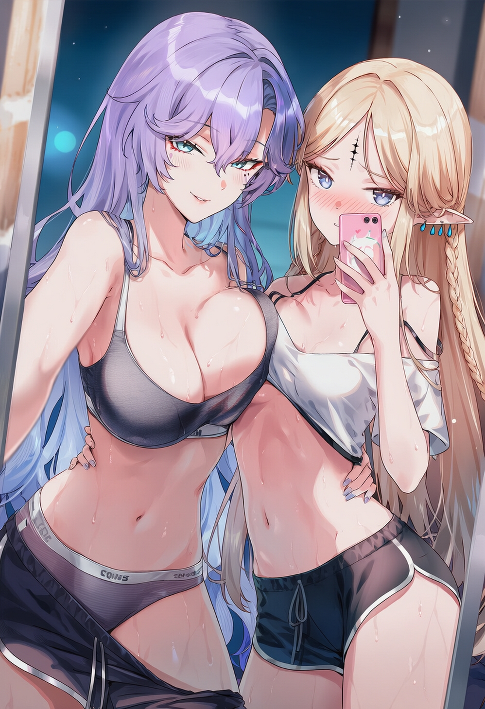 2girls, ai generated, big breasts, blonde-haired female, breasts, cantarella (wuthering waves), cartethyia (wuthering waves), curvy body, curvy female, curvy figure, duo female, female, female only, mirror selfie, phone camera, purple hair, raaicave, small breasts, sports bra, sports panties, white crop top, wuthering waves