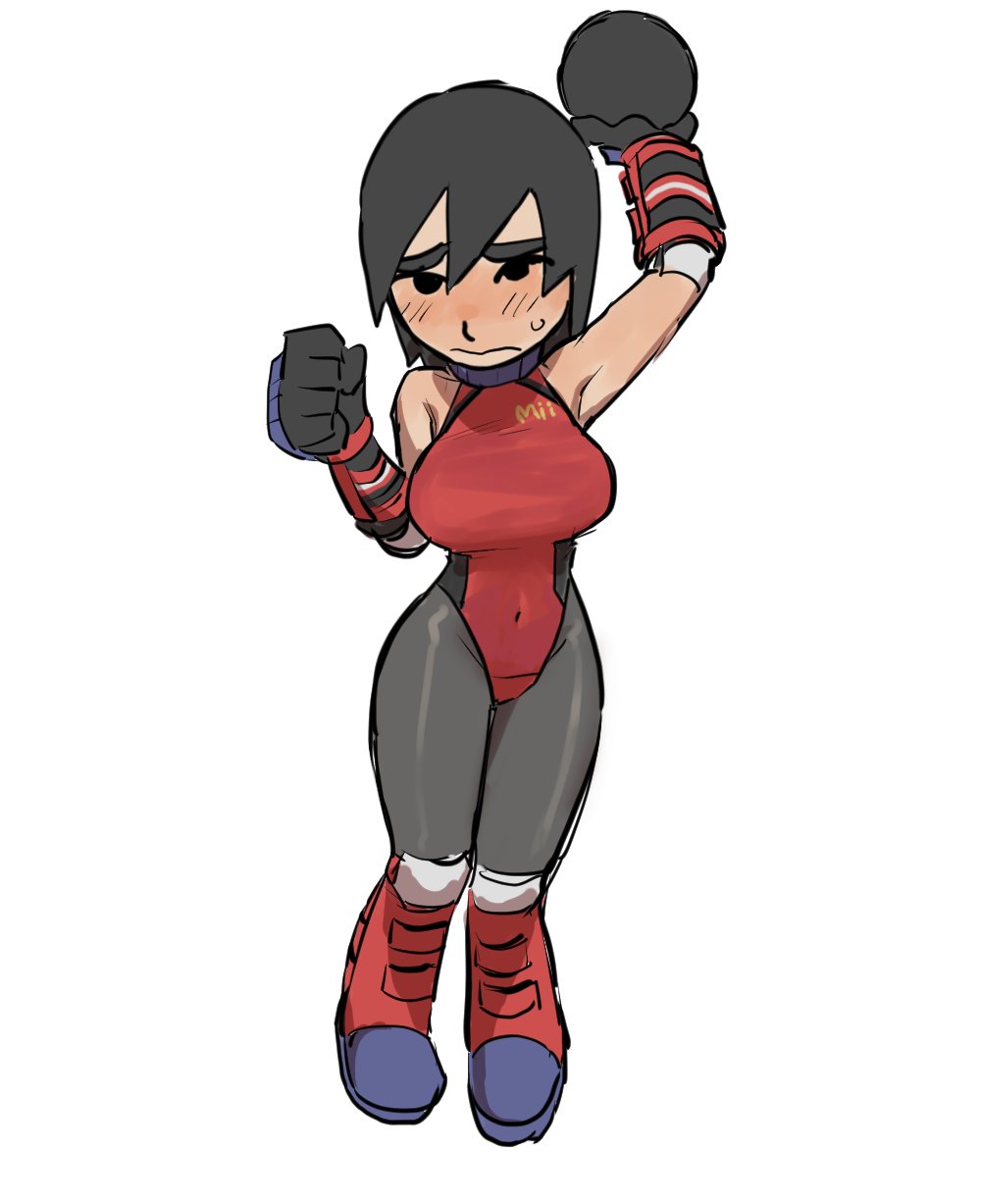 1girls armpits bare_shoulders black_eyes black_hair blush boots boxing_gloves breasts clothing covered_navel embarrassed female footwear genderswap_(mtf) gloves huge_breasts large_breasts legwear leotard mii mii_brawler navel nervous nintendo oshirimarsh pantyhose red_footwear red_leotard red_one-piece_swimsuit rule_63 short_hair solo sportswear sweat sweatdrop thick_eyebrows thighhighs