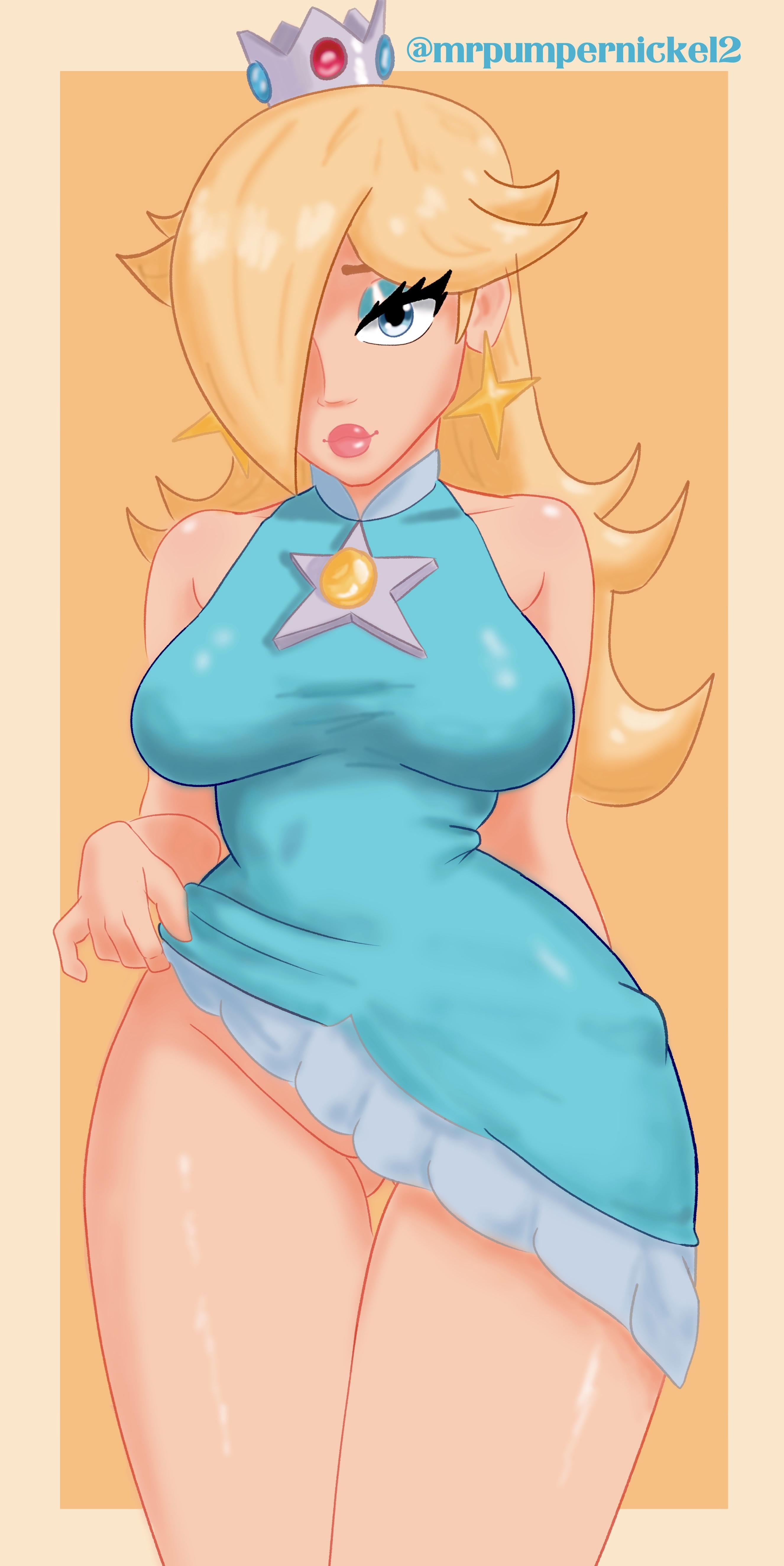 bimbo, blonde hair, blue eyes, breasts, butt fang, clothed, dress, dress lift, earrings, female, goddess, hair covering eye, hair over one eye, highres, hips, hips wider than shoulders, large breasts, lifting clothing, looking at viewer, mario (series), mrpumpernickel, nintendo, partially clothed, pink lipstick, plump lips, princess rosalina, revealing clothes, super mario bros., super mario galaxy, super smash bros., thick thighs, thigh gap, thighs, tiara, wide hips
