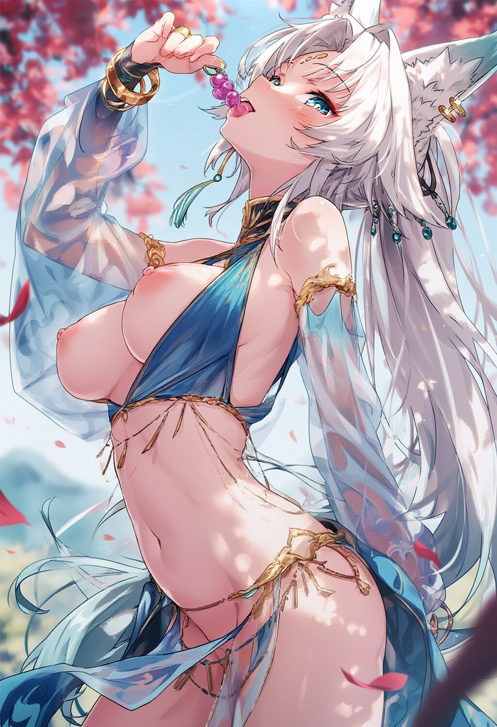 ai generated, big breasts, breasts, breasts out, cherry blossoms, curvy body, curvy female, eating food, egyptian clothes, feixiao (honkai: star rail), female, female focus, female only, honkai: star rail, nipples, raaicave, white hair