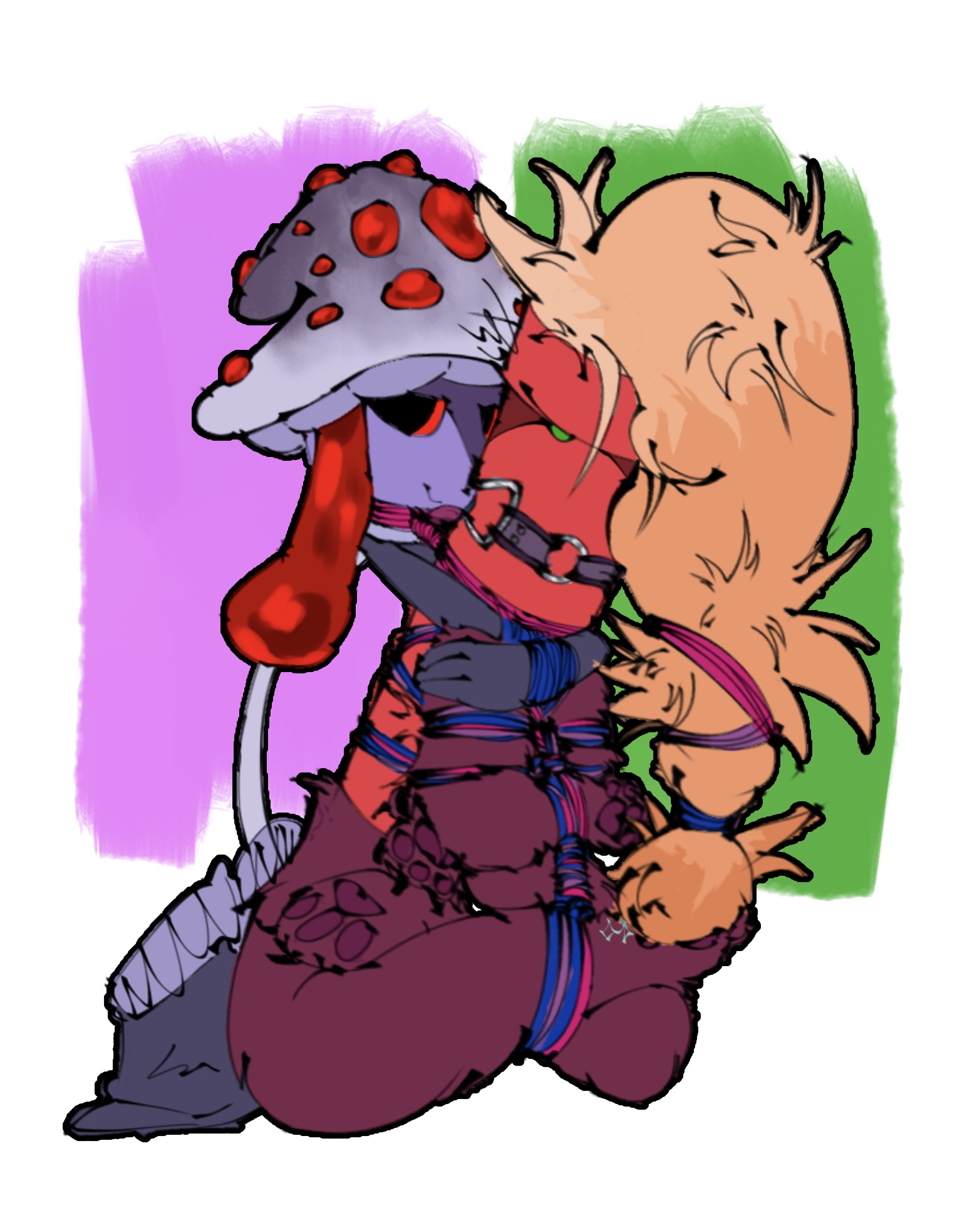 bisexual, bisexual flag, bondage, bound together, crossed legs, dental gag, dynamite (objectified), eighteen, female, gag, gagged, hands behind back, happy, male, mushroom (objectified), object rogue, object show community, object shows, objectified (webcomic), osc, restraints, rope, rope harness
