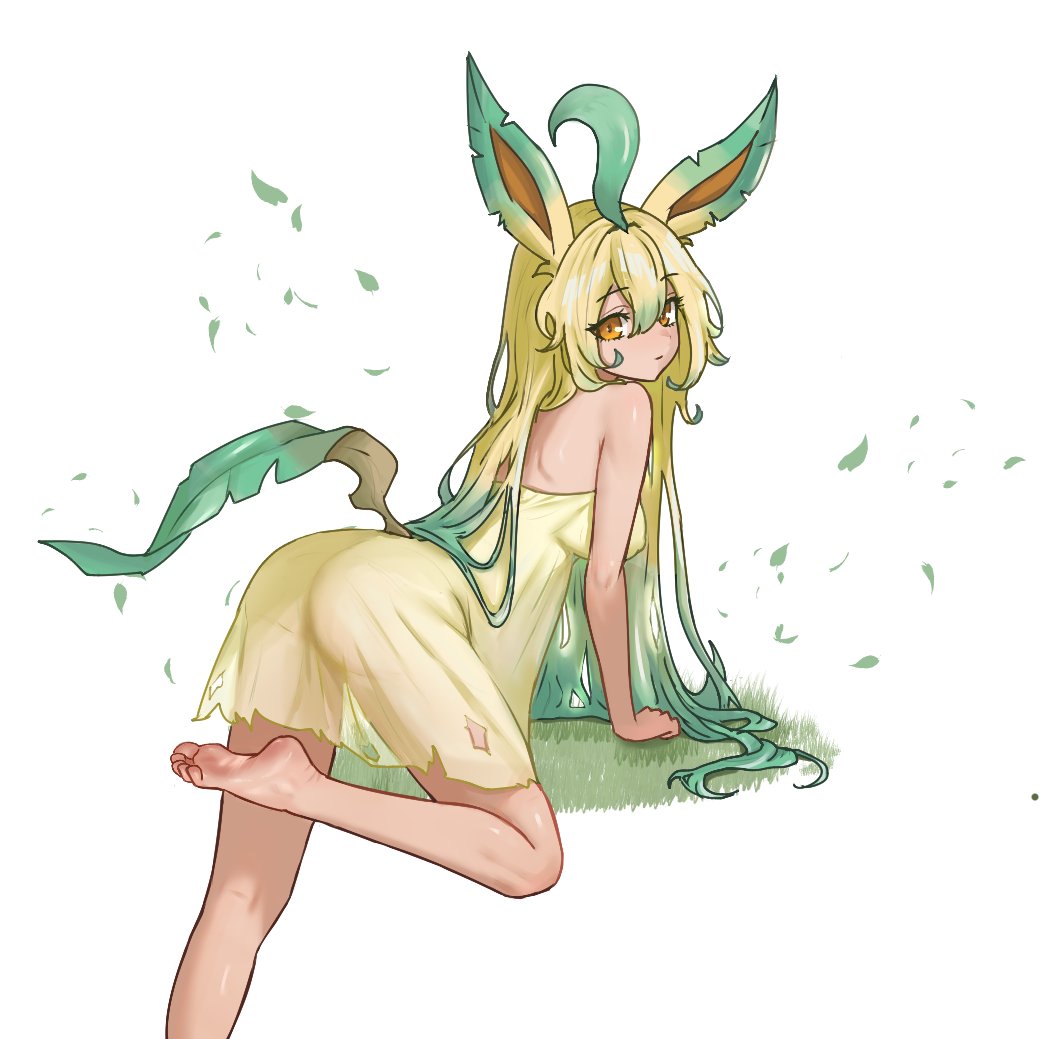 1girls, ahoge, animal ears, ass, bare shoulders, barefoot, bent over, blonde hair, breasts, covered nipples, dress, female, gradient hair, green hair, humanized, leaf, leafeon, leaning foward, leg up, long hair, looking at viewer, looking back, multicolored hair, nihu, orange eyes, personification, pokemon, sideboob, standing on one leg, tail, torn clothes, white background, yellow dress
