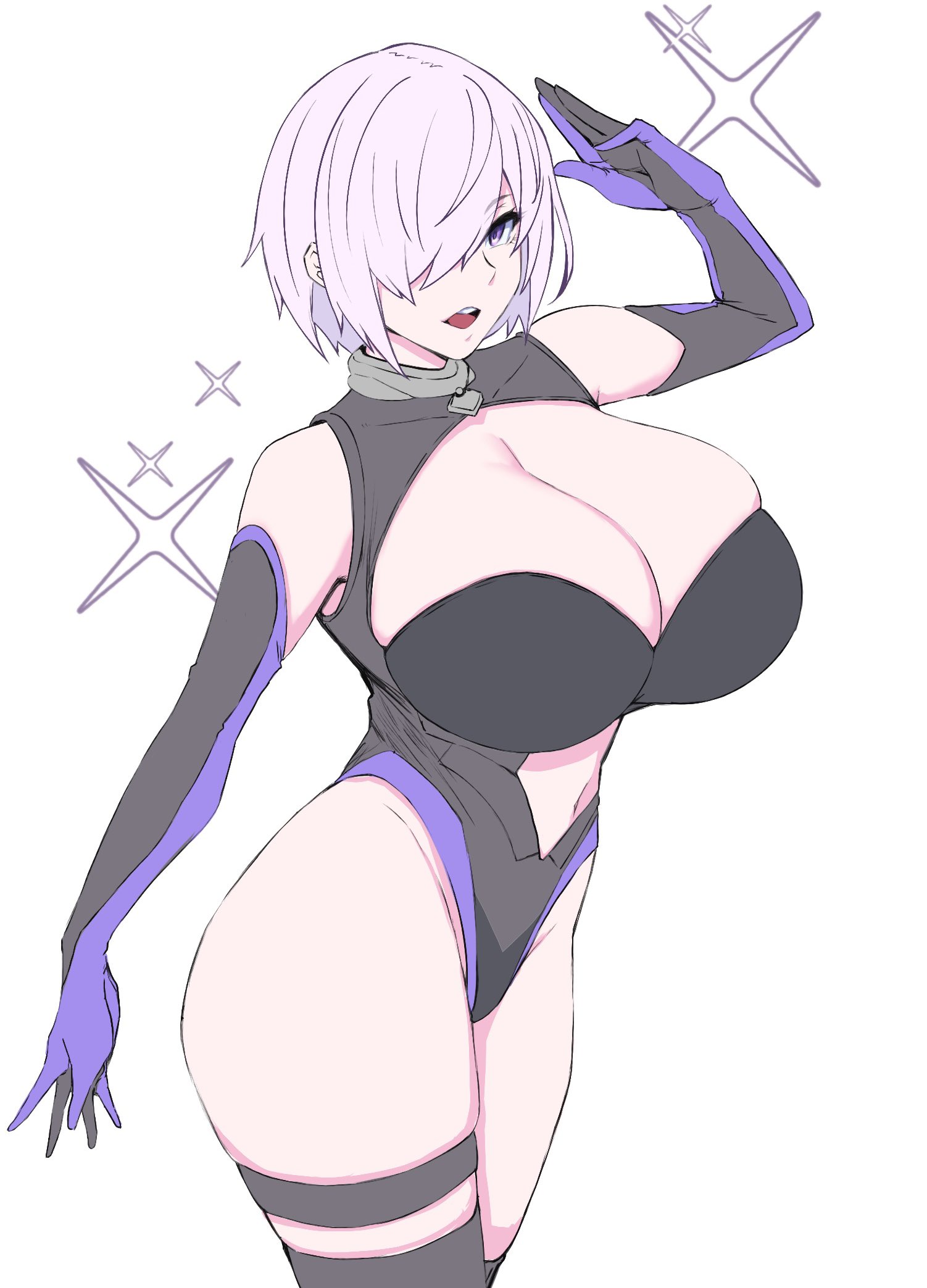 1girls, bangs over one eye, big breasts, bodysuit, breasts, cleavage, cleavage cutout, dais729sof, elbow gloves, fate (series), fate/grand order, female, female only, hair over one eye, huge breasts, leotard, light skin, light-skinned female, looking at viewer, mash kyrielight, open mouth, pink hair, purple eyes, salute, simple background, sleeveless, solo, thick thighs, thighhighs, tomoki (dais729sof), white background, wide hips