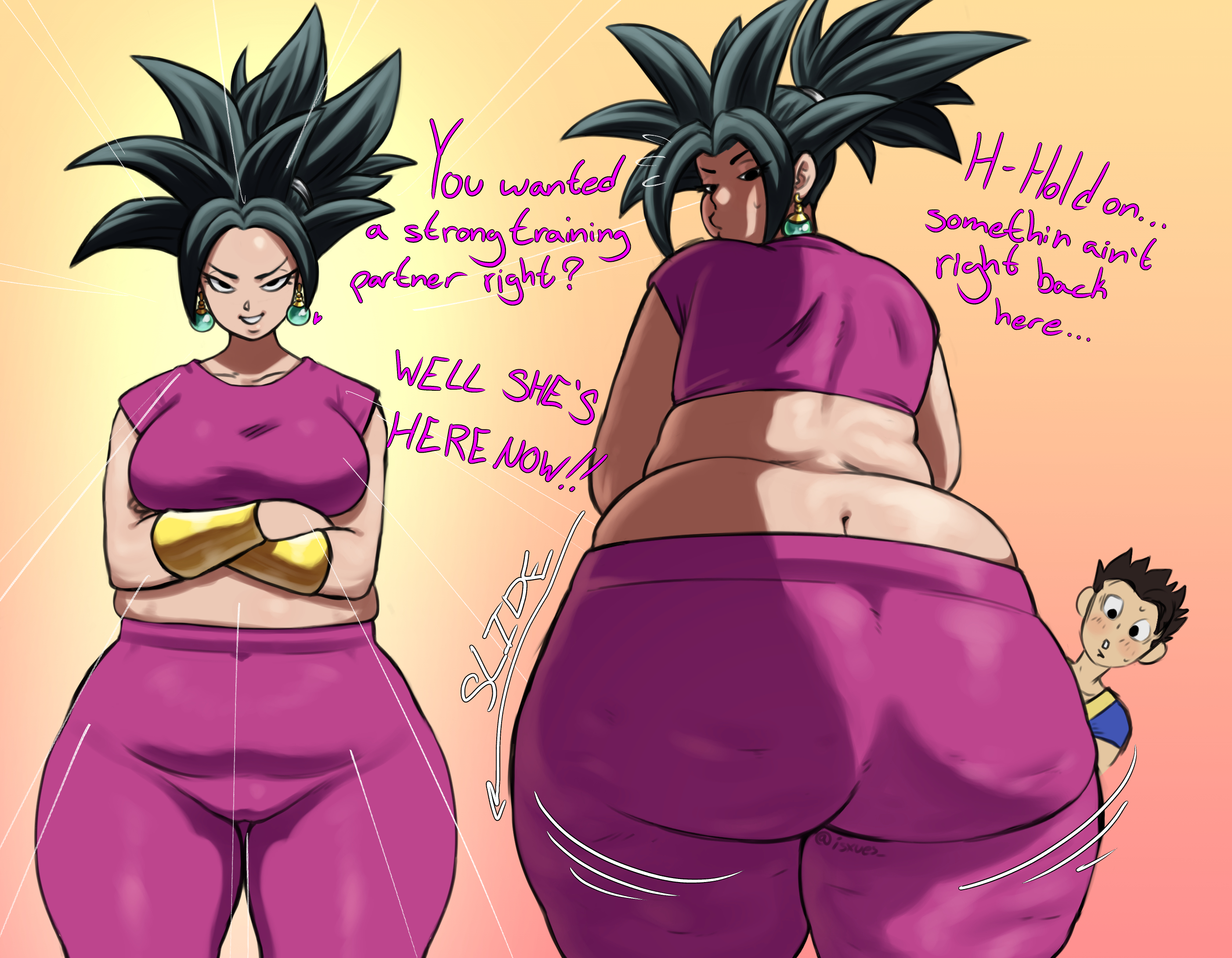 ass, ass crack, big ass, black hair, cabba, cellulite, dragon ball, dragon ball super, earrings, gold bracers, hair tied, isxues, kefla, pink clothing, pink crop top, pink pants, potara fusion, saiyan, saiyan female, saiyan male, wide hips, wide thighs